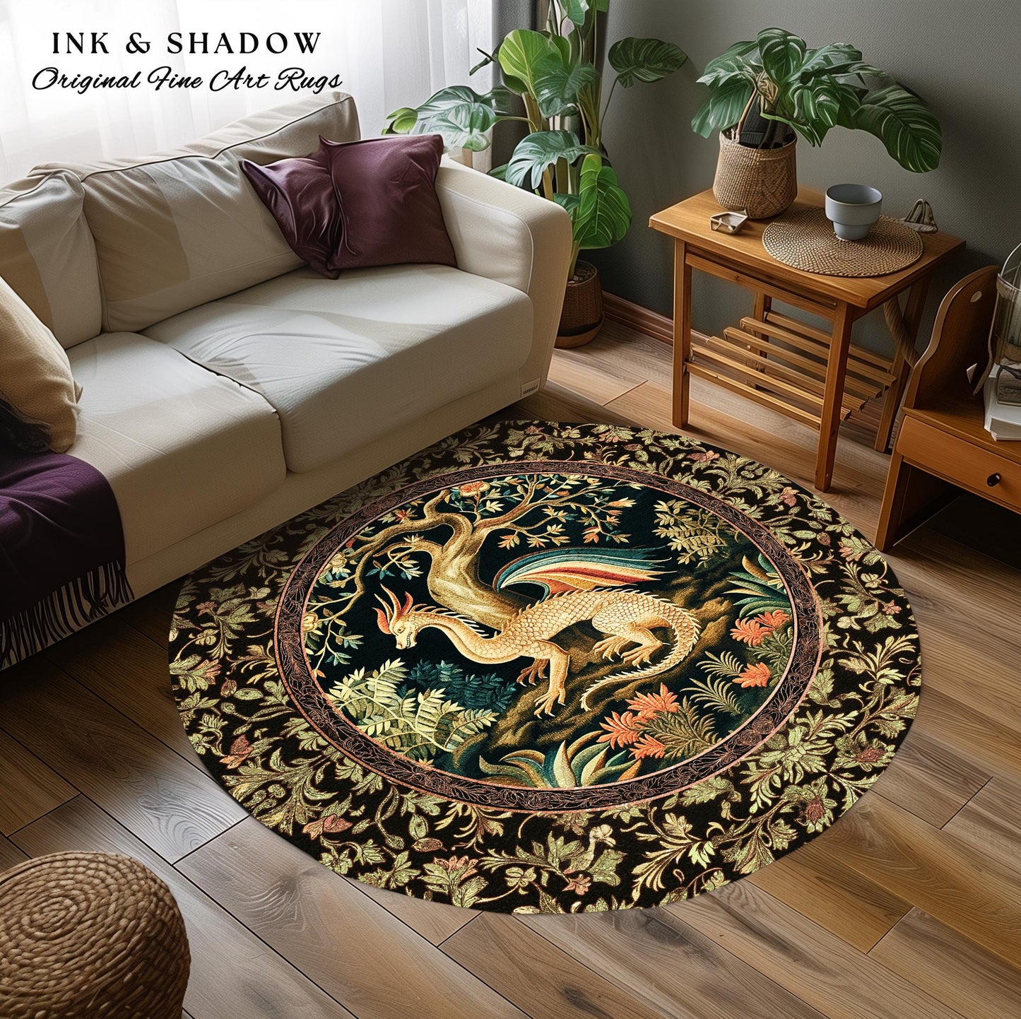Baroque Dragon Fantasy Round Area Rug | Dark Medieval Enchanting Nature Accent Ancient Aesthetic Ethereal Storybook Home Accent Forestcore