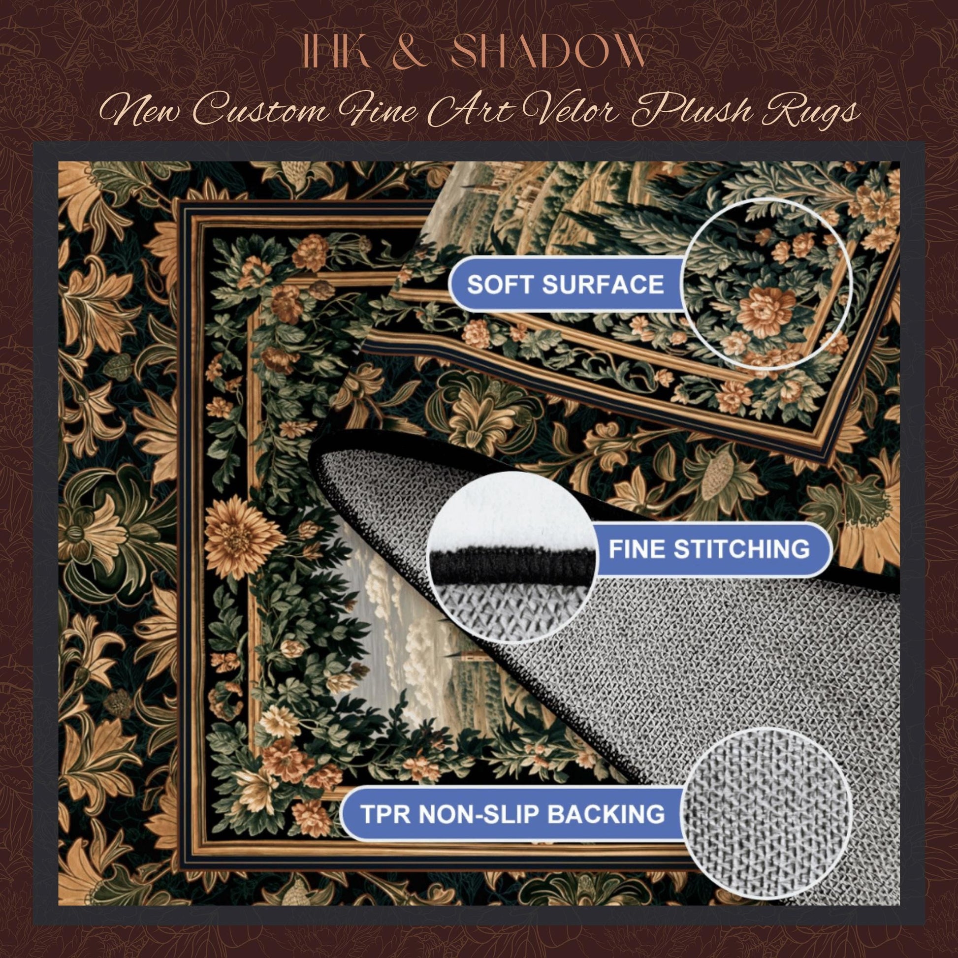 New Custom Rug Velour Style Plush Velveteen Satin Finish Carpet Personalized Decor, Customizable Fine Art Rug Ink and Shadow Large Area Mat