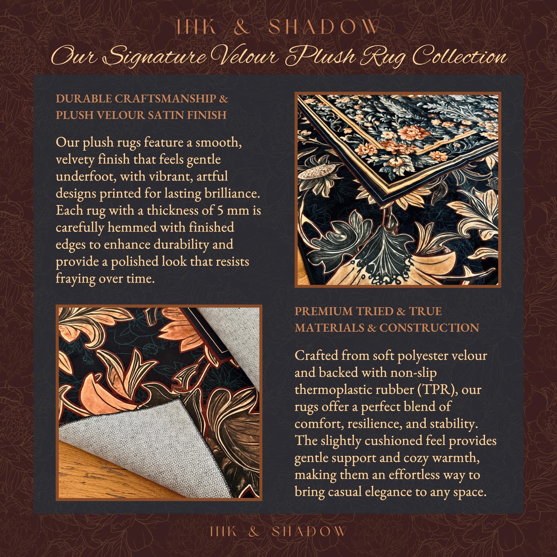 New Custom Rug Velour Style Plush Velveteen Satin Finish Carpet Personalized Decor, Customizable Fine Art Rug Ink and Shadow Large Area Mat