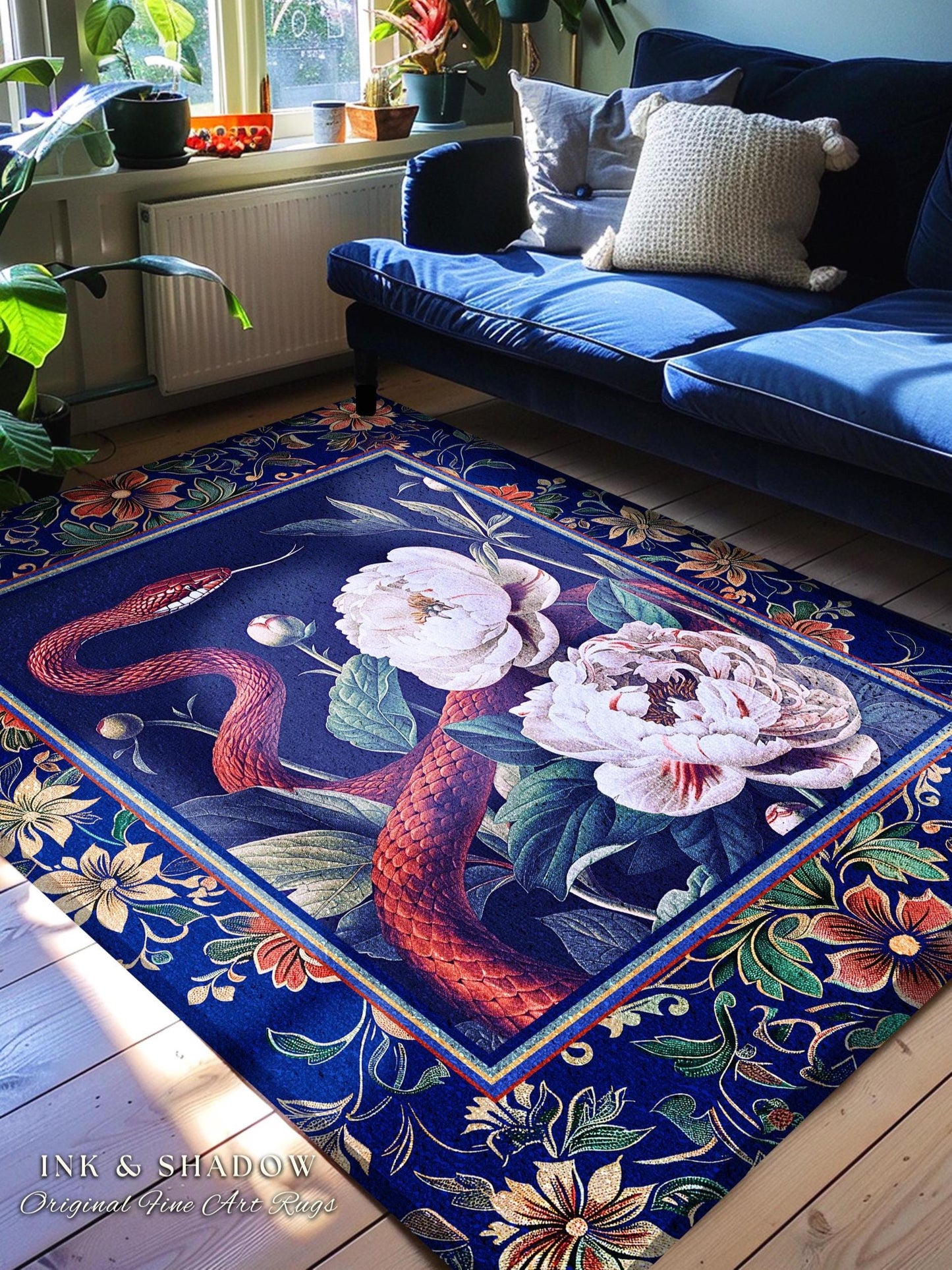 Moody Dark Botanical Serpent Enchanted Floral Rug Exotic Gothic Aesthetic, Ethereal Woodland Snake Victorian Art Nouveau Midnight Blue Decor