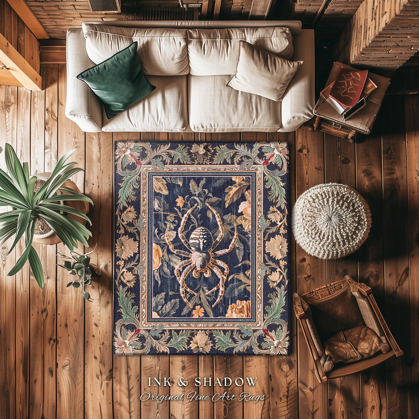 Victorian Gothic Spider Rug Dark Academia Botanical Goblincore Decor, Whimsical French Baroque Enchanted Forestcore Art Aesthetic Accent Rug