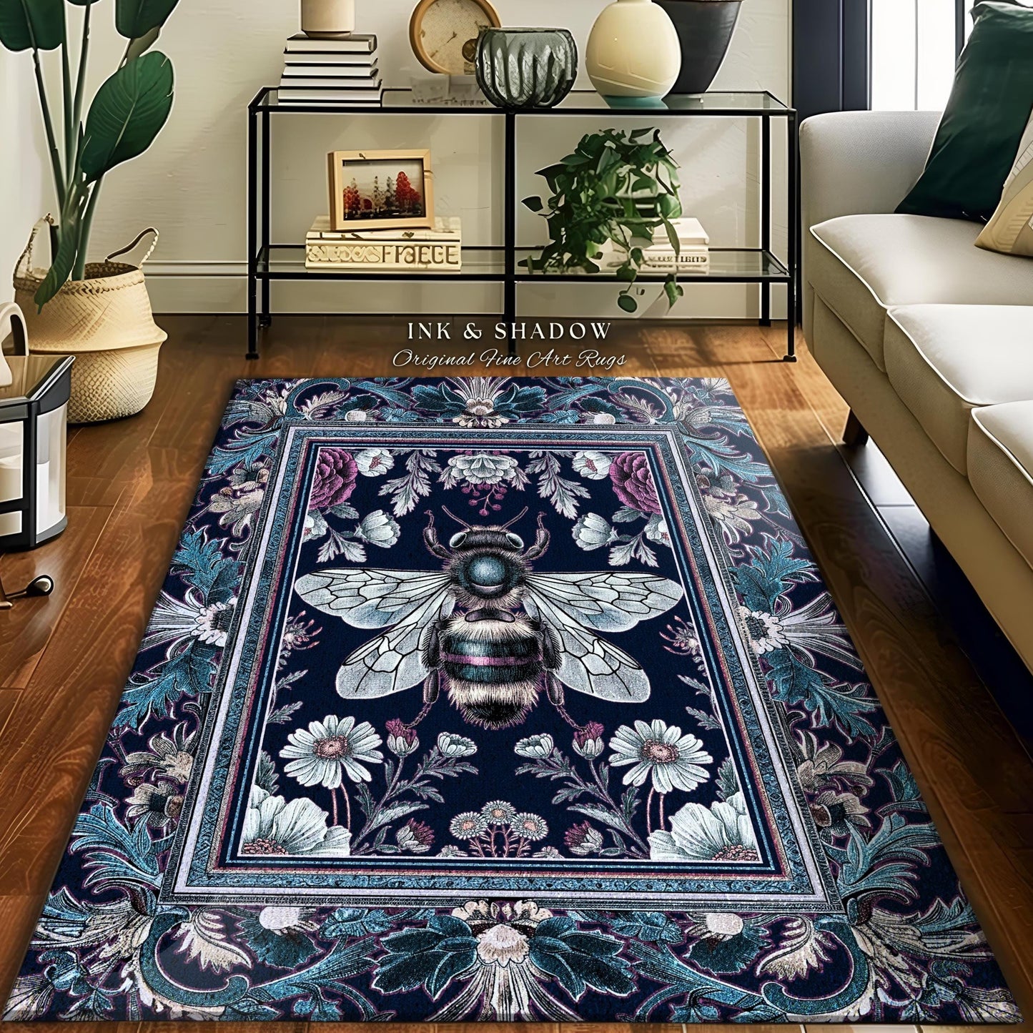 Bohemian Botanical Bee Rug Dark Floral Whimsigothic Art Mystic Decor | Eclectic Boho Chic Wildflower Witchy Cottagecore Moody Nature Accent