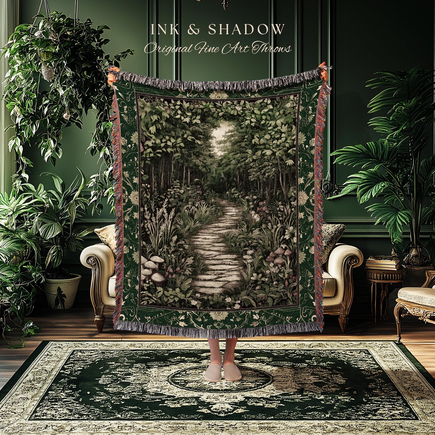 Ethereal Woodland Meadow Tapestry | Dark Academia Folklore Fairy Core Aesthetic Blanket Magical Bedroom Emerald Green Home Decor Botanical