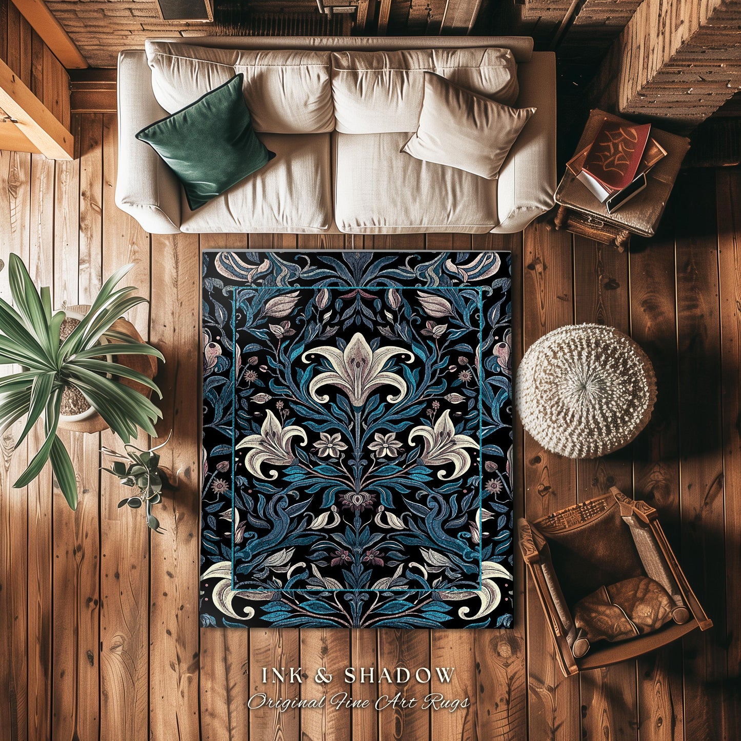 Victorian Gothic Lily Flower Runner Jewel Tones Entryway Rug, Indigo Blue Art Nouveau Floral Home Decor Whimsical Botanical Statement Piece