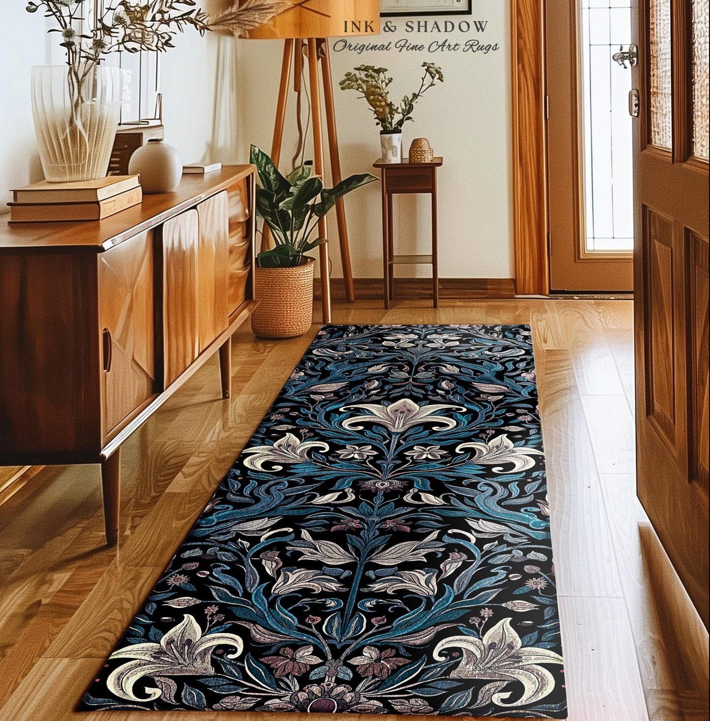 Victorian Gothic Lily Flower Runner Jewel Tones Entryway Rug, Indigo Blue Art Nouveau Floral Home Decor Whimsical Botanical Statement Piece