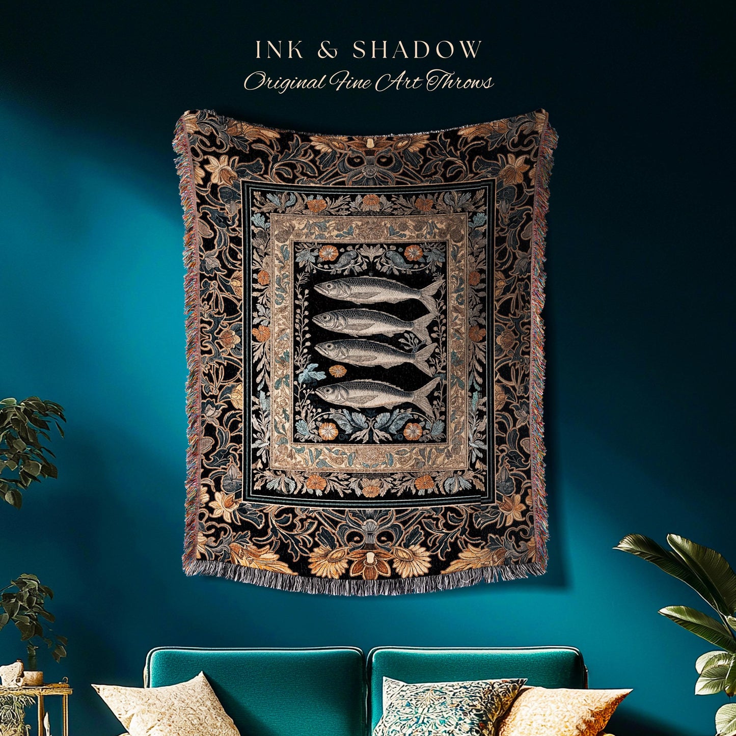 Art Nouveau Nautical Sea Life Tapestry Whimsical Ocean Sardine Fish Blanket, Coastal Dark Academia Rustic Cottagecore Throw Beach Home Decor