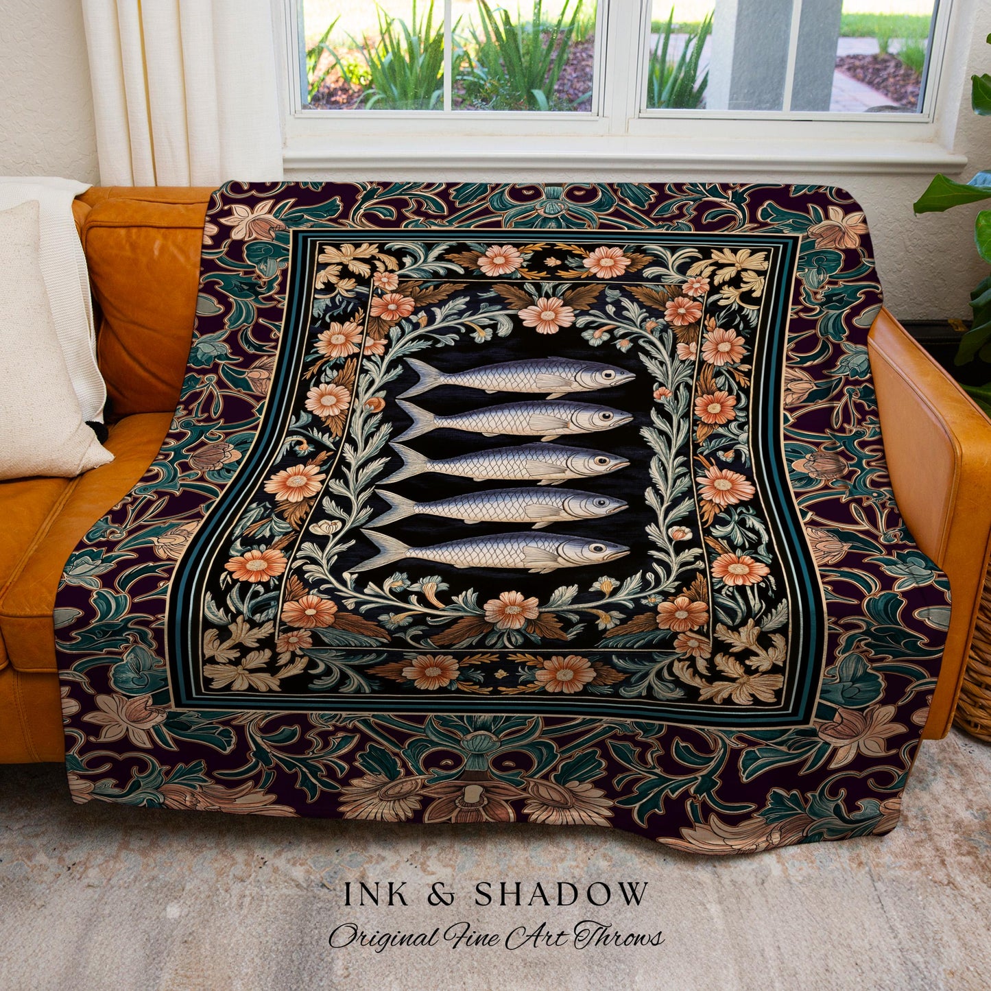 Baroque Ocean Fish Sardine Art Blanket Ornate Coastal Surf Floral Cottagecore, Dark Nautical Academia Vintage Marine Sea Life Tapestry Throw