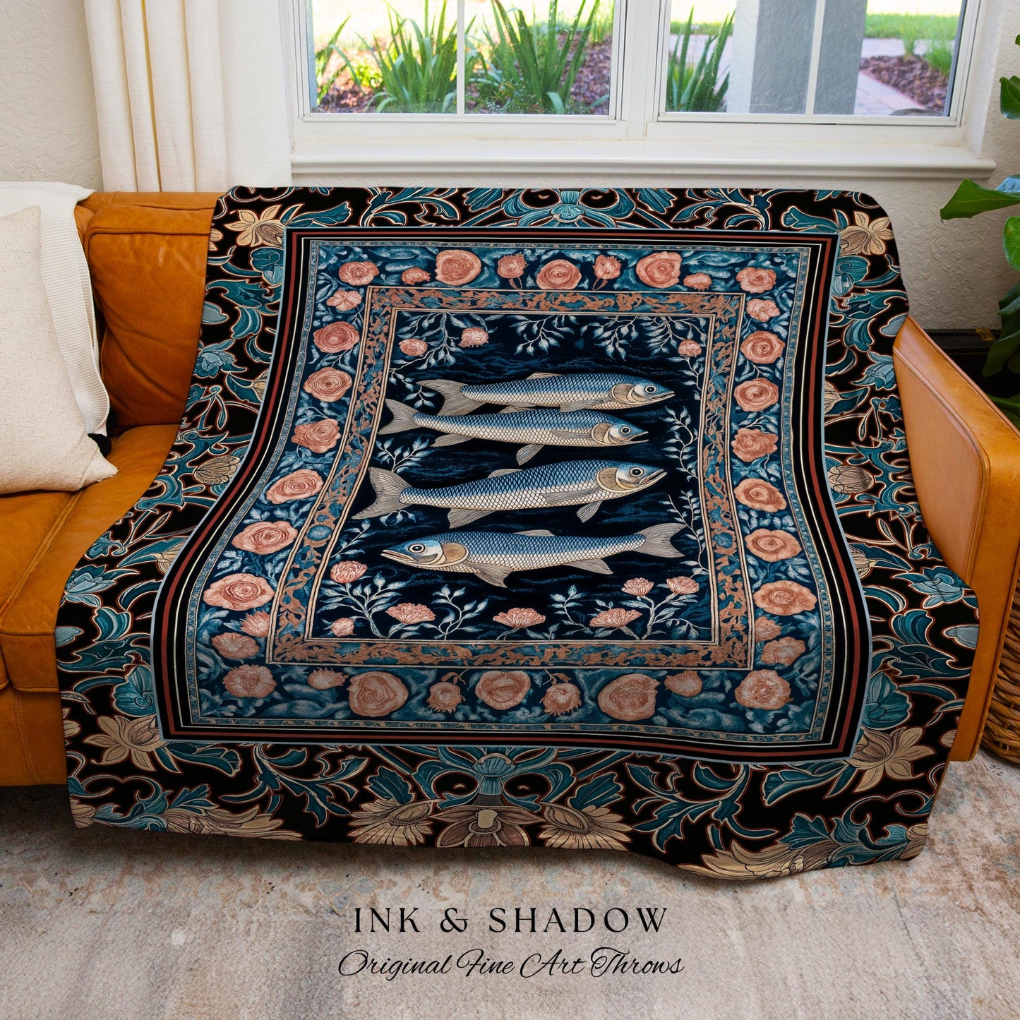 Marine Life Nautical Tapestry Throw Mystic Gothic Fish Art Beach Cottage Decor | Coastal Ocean Rustic Academia Dark Sea Life Woven Blanket