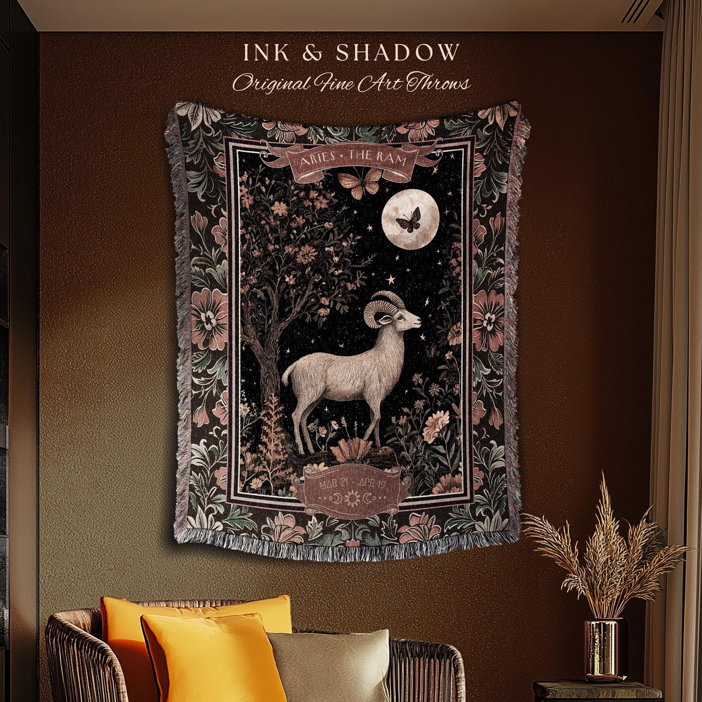 Celestial Aries Zodiac Blanket The Ram Constellation Tapestry | Victorian Gothic Star Sign Decor Astrology Gift Fire Sign Birthday Throw Art