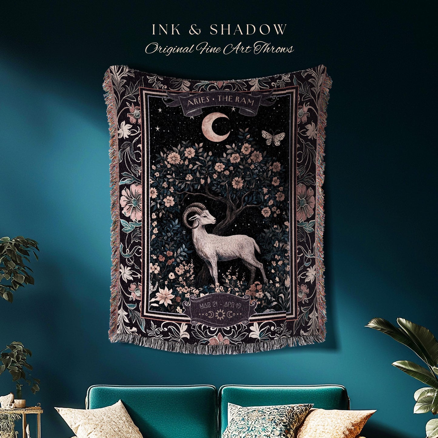 Mystic Aries Star Sign Astrology Blanket Enchanted Moonlit Zodiac Tapestry Throw | Purple Whimsigothic Birthday Gift Celestial April Ram Art