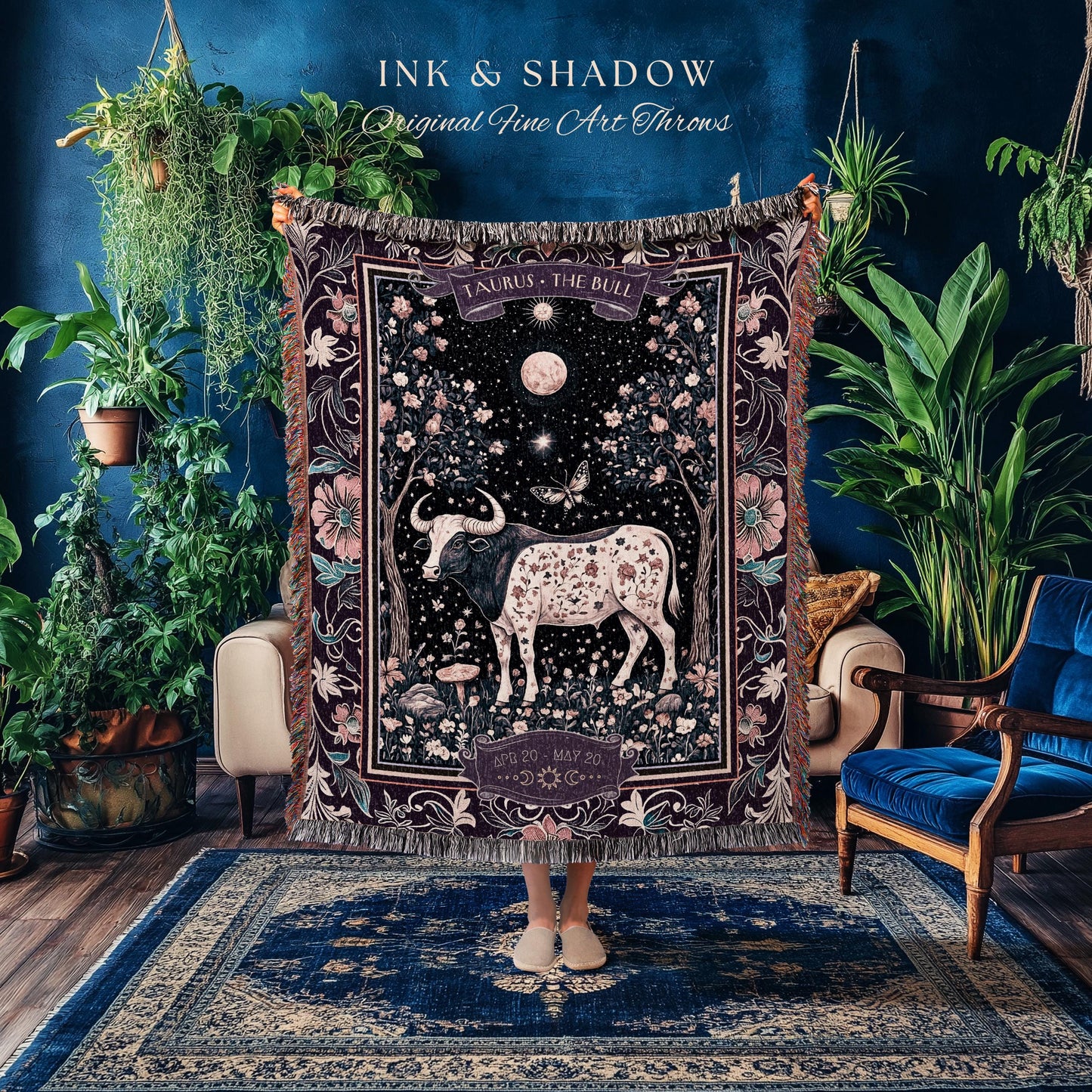 Whimsigoth Mystic Taurus Blanket Celestial Zodiac Tapestry Throw Gift | The Bull Birth Month Witchy Astrology Constellation Starry Sky Decor