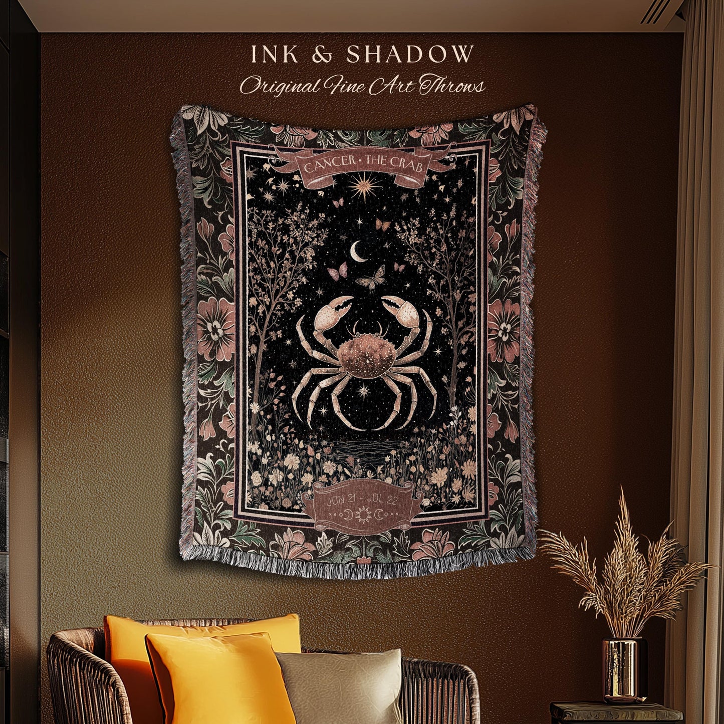 Gothic Romantic Cancer Zodiac Sign Blanket Celestial Forestcore Throw | The Crab Astrology Victorian Constellation Tapestry Birth Month Gift