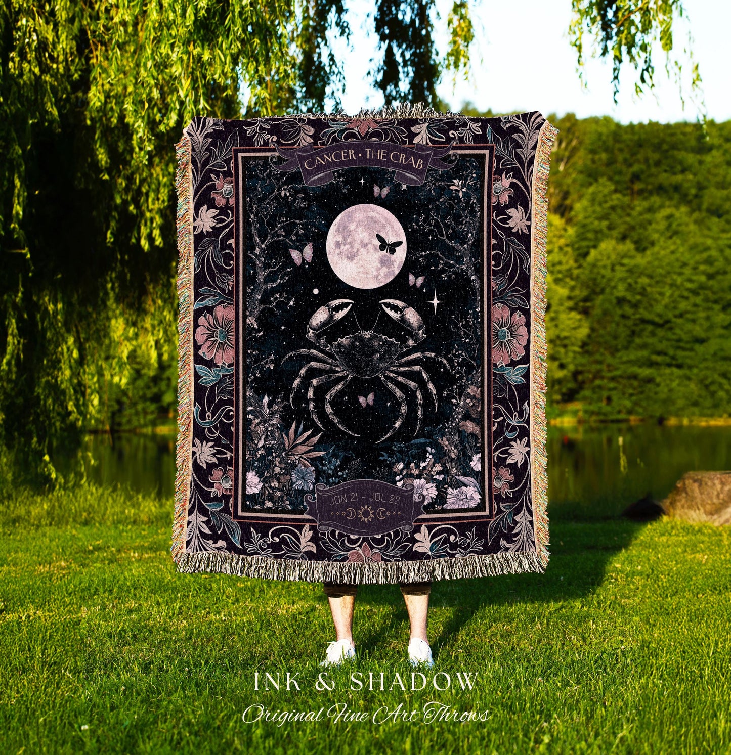 Enchanted Night Sky Celestial Cancer Star Sign Blanket Dark Woodland Fairycore Throw, The Crab Zodiac Birthday Tapestry Whimsical Witchy Art