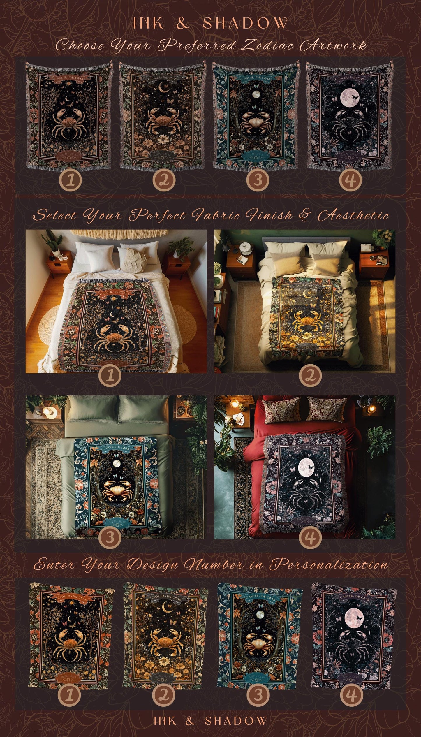 Midnight Full Moon Enchanted Forest Cancer Zodiac Blanket Celestial Throw | The Crab Astrology Tapestry Mystical Constellation Birthday Gift