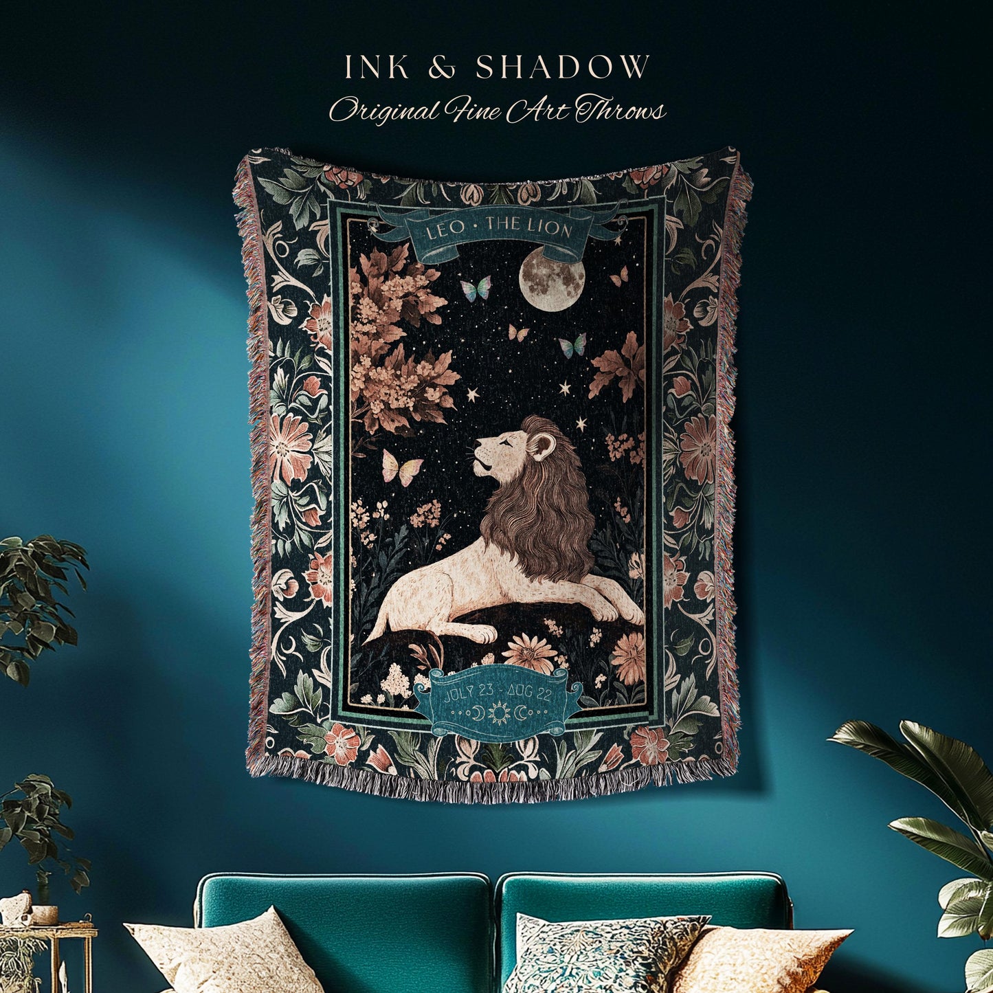 Moonlit Leo Star Sign Throw Dreamy Woodland Whimsy Celestial Art Nouveau Zodiac Tapestry Blanket | Mythical Lion Astrology Birth Month Gift