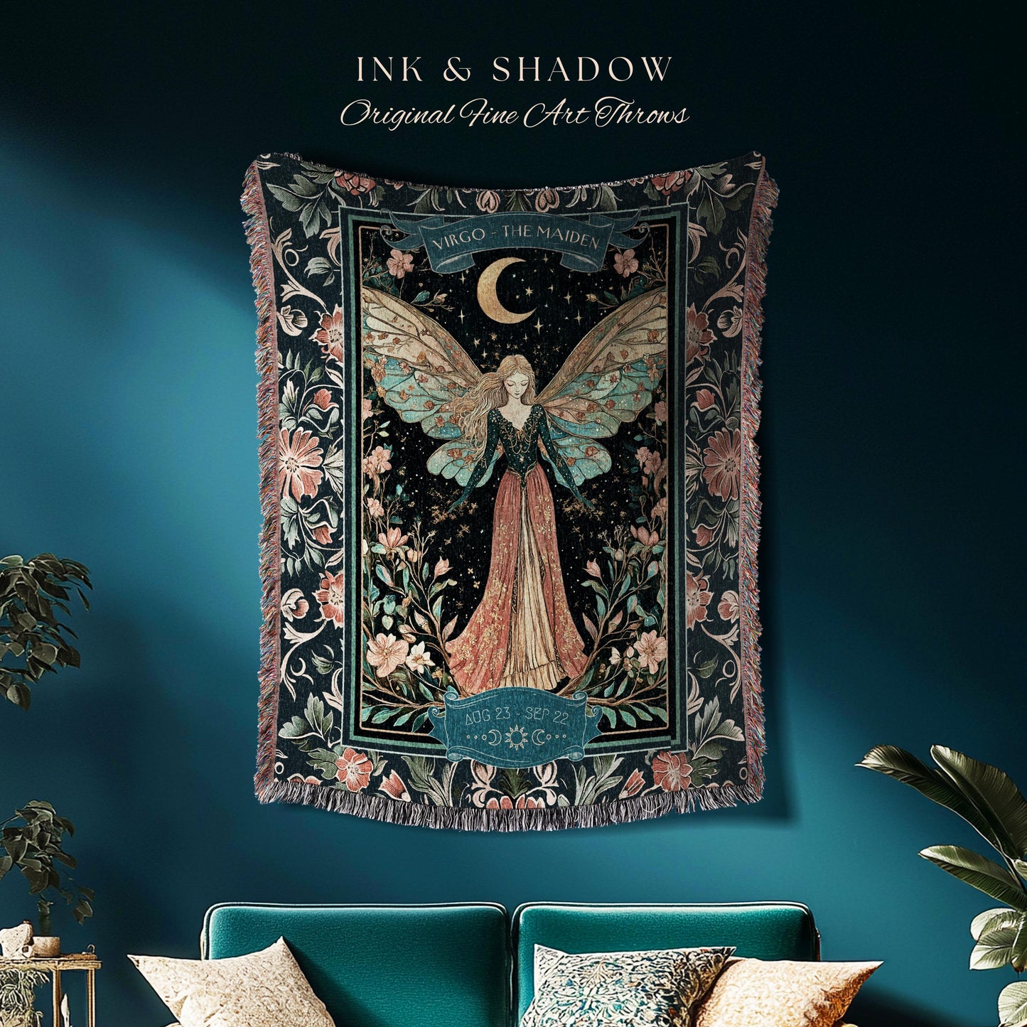 Dreamy Celestial Garden Virgo Tapestry Throw Zodiac Sign Floral Fairycore Blanket | Whimsical Astrology Art The Maiden Fantasy Birthday Gift