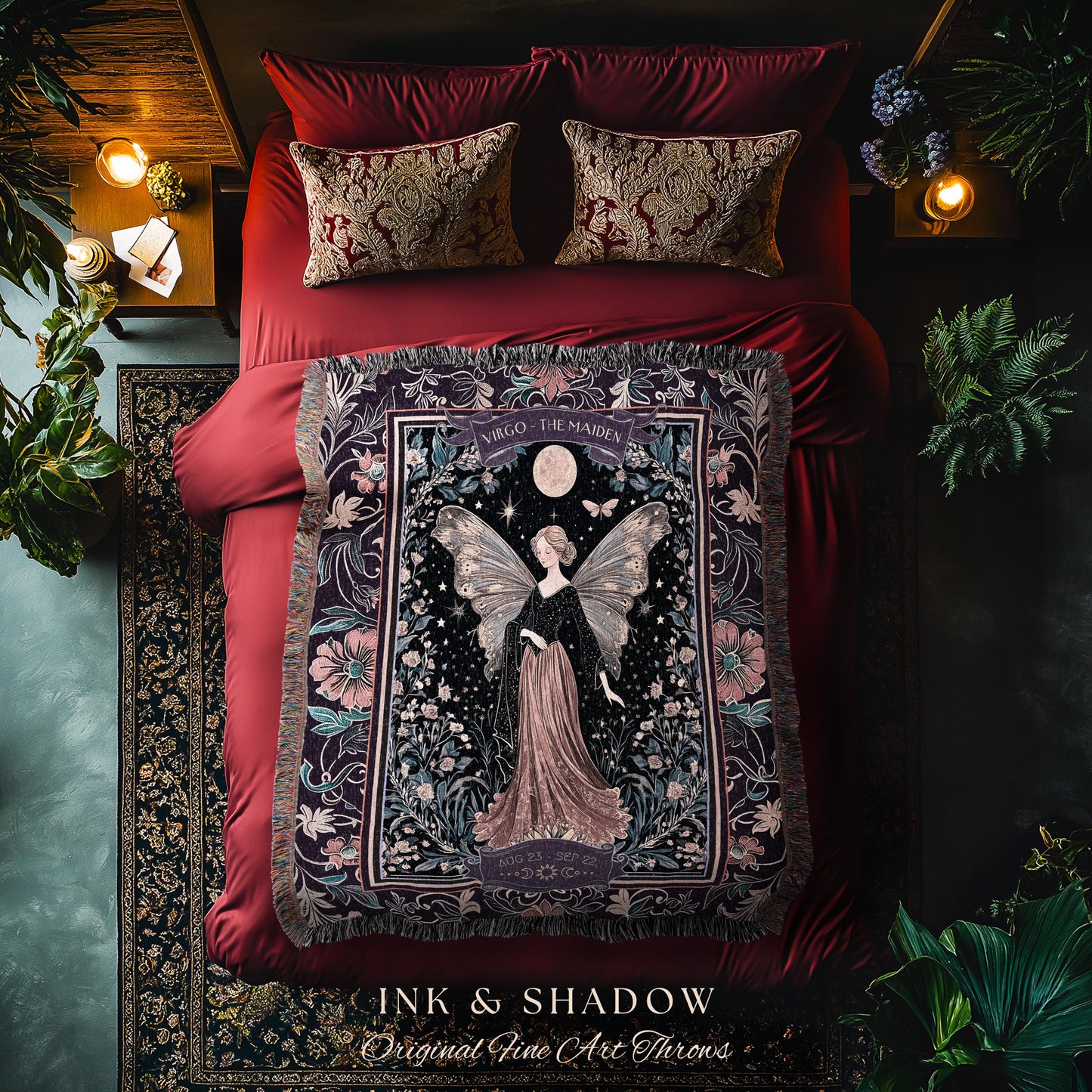 Vintage Fairycore Mystical Moonlit Virgo Star Sign Whimsical Astrology Tapestry Throw | The Maiden Witchy Whimsigothic Celestial Art Blanket