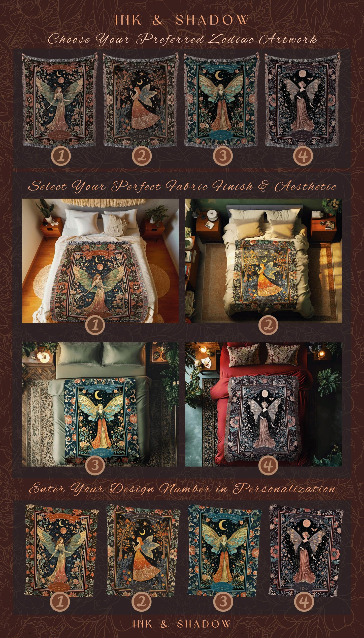 Vintage Fairycore Mystical Moonlit Virgo Star Sign Whimsical Astrology Tapestry Throw | The Maiden Witchy Whimsigothic Celestial Art Blanket