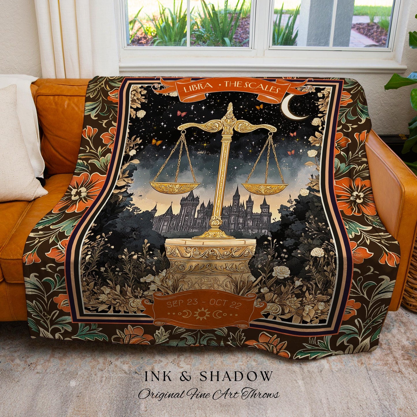 Celestial Libra Zodiac Blanket Mystic Constellation Art Gothic Tapestry, The Scales Astrology Decor Victorian Dark Academia Birth Month Gift