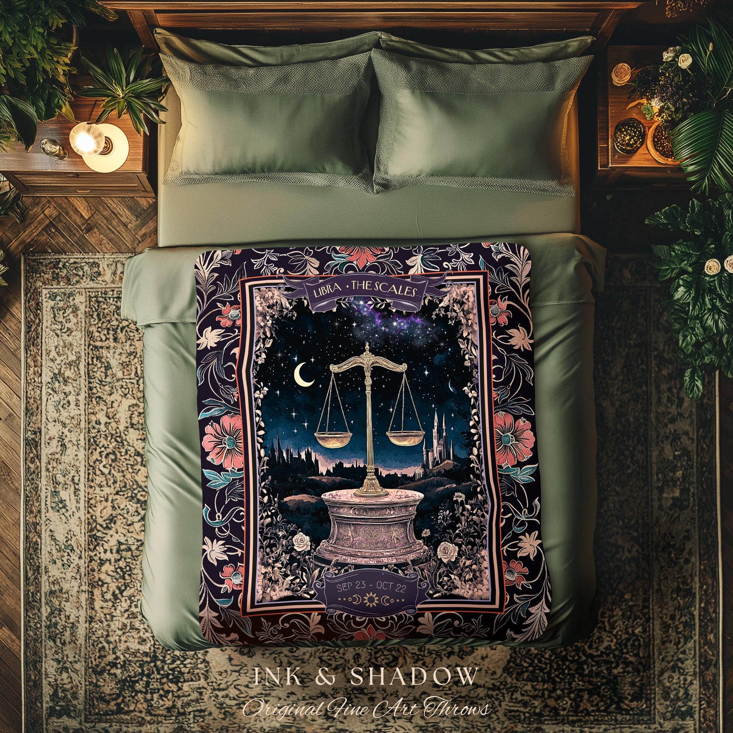 Dark Academia Libra Zodiac Tapestry Astrology Mystic Landscape Star Sign Blanket | The Scales Constellation Art Whimsigothic Celestial Throw