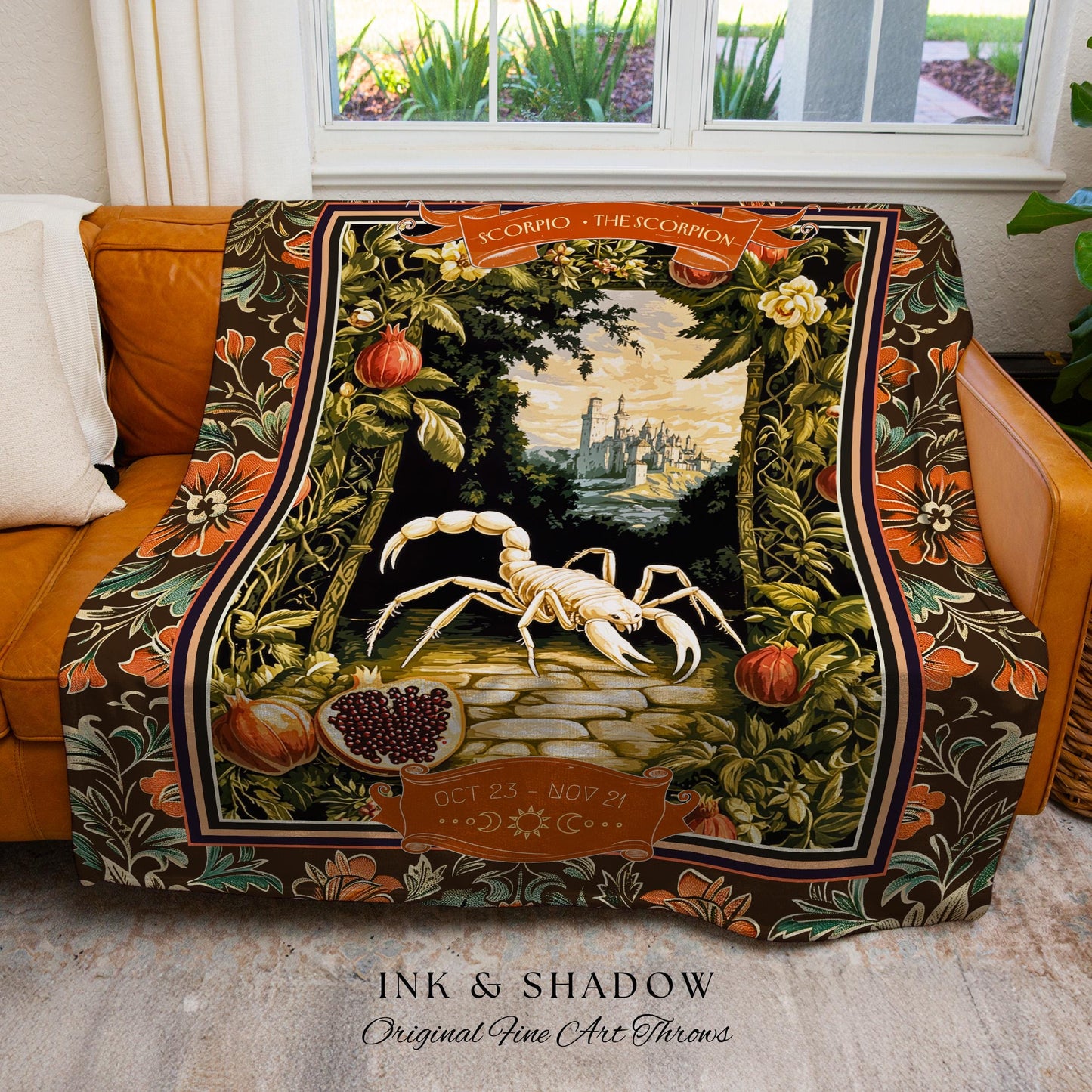 Victorian Gothic Scorpio Zodiac Tapestry Light Academia Mythic Medieval Pomegranate Garden Throw, The Scorpion Astrology Birth Month Blanket