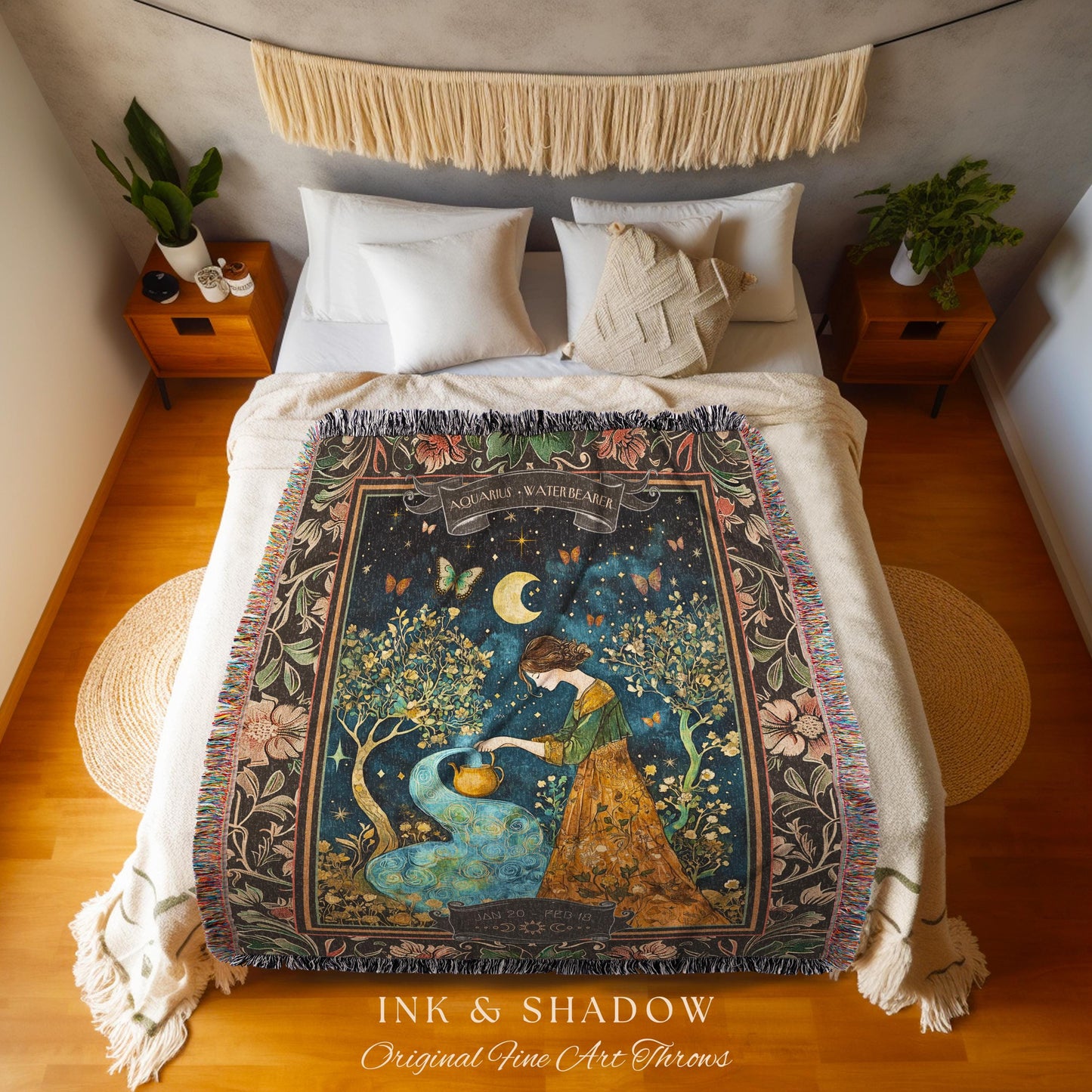 Mystic Folklore Aquarius Zodiac Blanket Rustic Star Sign Tapestry Throw, Fairycore Forest Art Astrology Gift The Water Bearer Birthday Decor