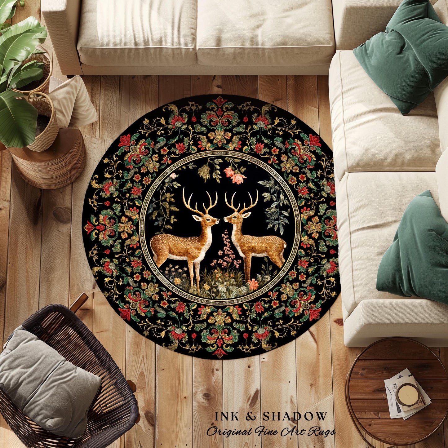 Mystical Deer Lovers Round Rug Vintage Floral Cottagecore Aesthetic Fairycore Decor | Magical Nature Inspired Woodland Forest Deer Art Rug