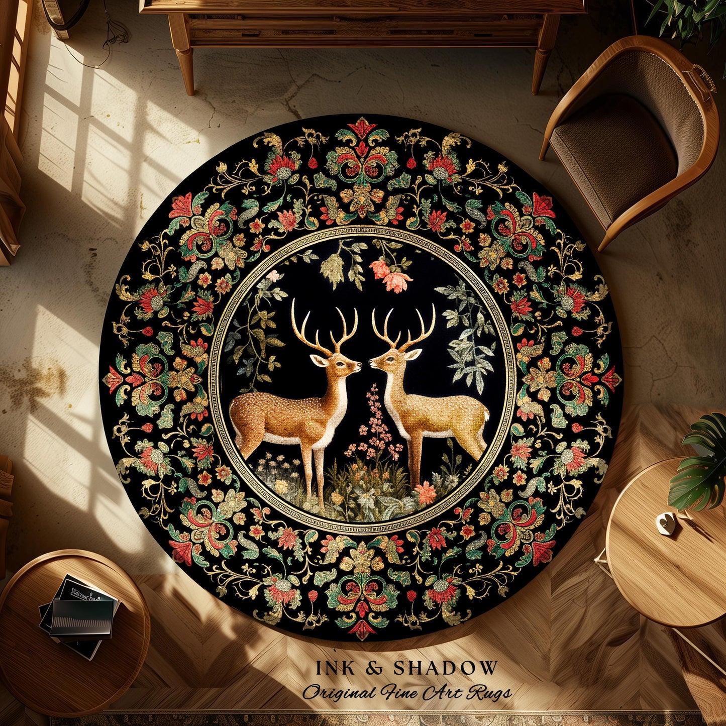 Mystical Deer Lovers Round Rug Vintage Floral Cottagecore Aesthetic Fairycore Decor | Magical Nature Inspired Woodland Forest Deer Art Rug