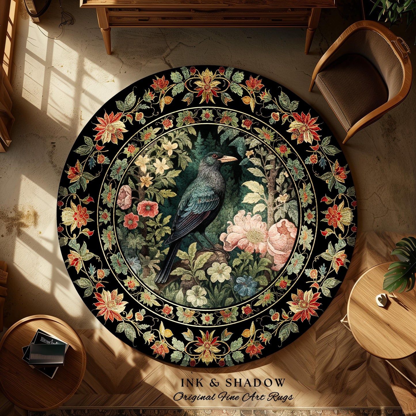 Dark Floral Raven Area Rug | Ethereal Gothic Room Decor William Morris Inspired Cottagecore Aesthetic Dark Fairycore Bedroom Crow Core Art |