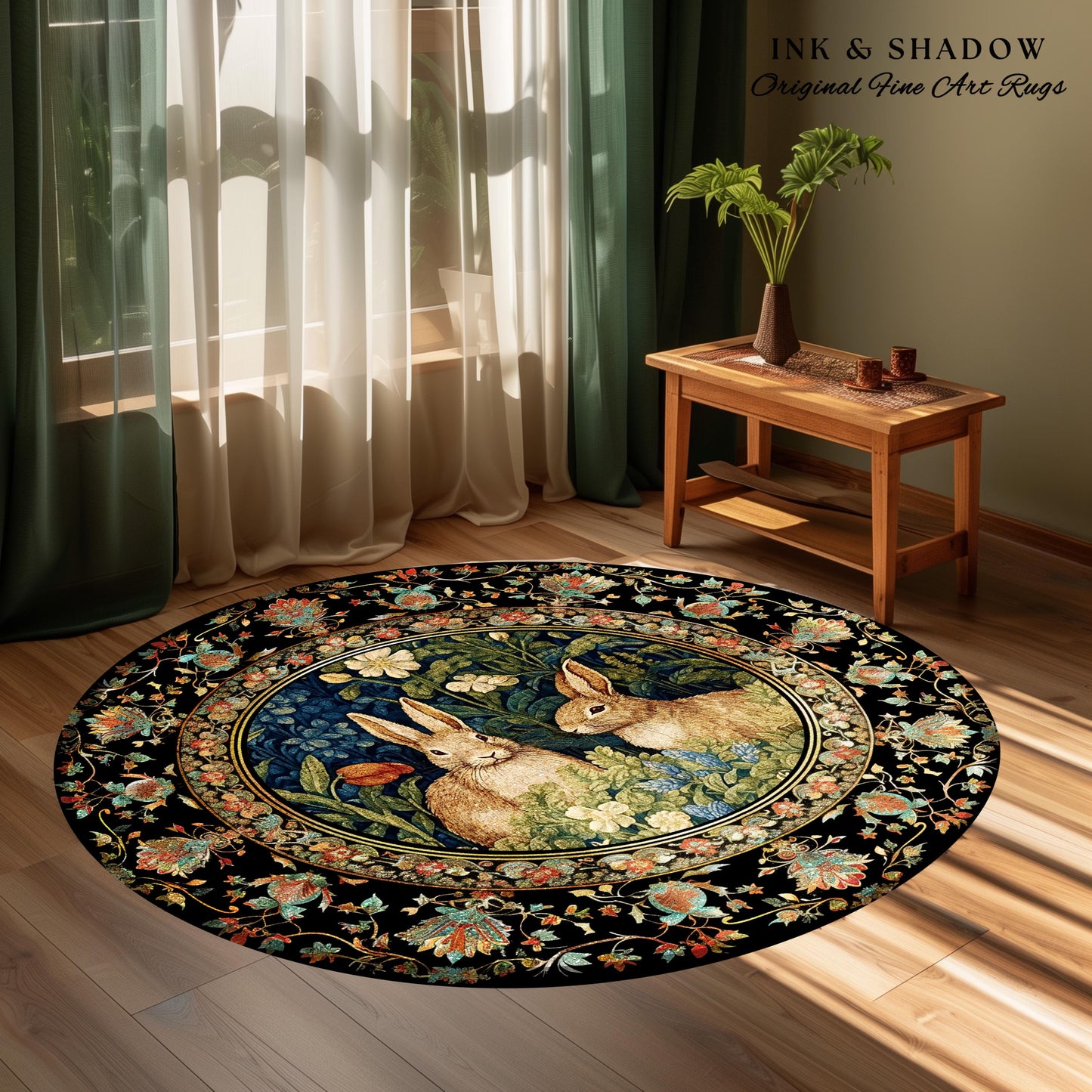 Woodland Fairycore Floral Round Rabbits Rug Morris Inspired Forest Fairycore | Botanical Bunny Victorian Cottagecore Bunnies Spring Art Rug