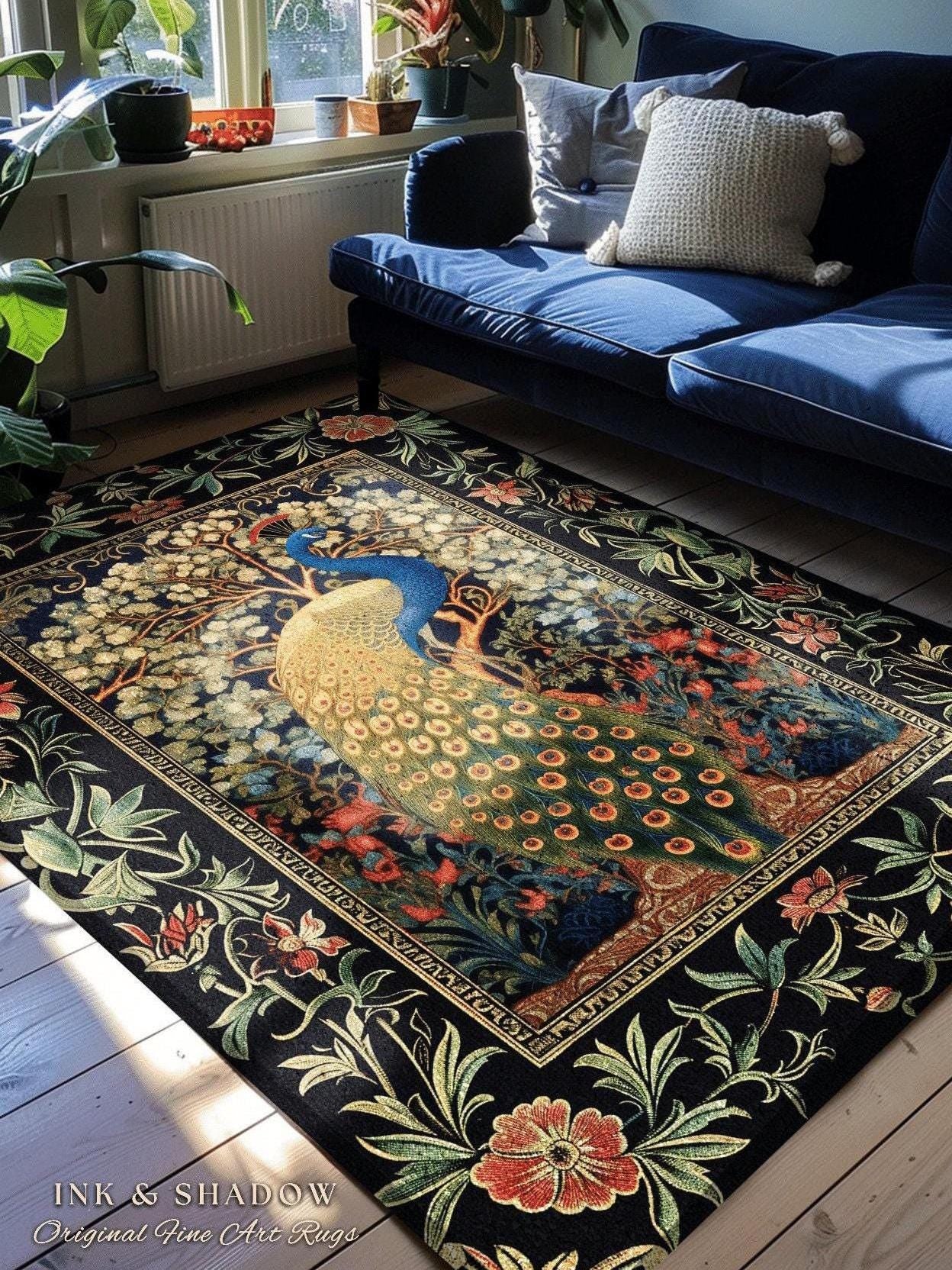 Baroque Floral Forestcore Ornate Round Peacock Rug | Medieval Gothic Woodland Morris Inspired Whimsical Witchy Cottagecore Ethereal Bird Art