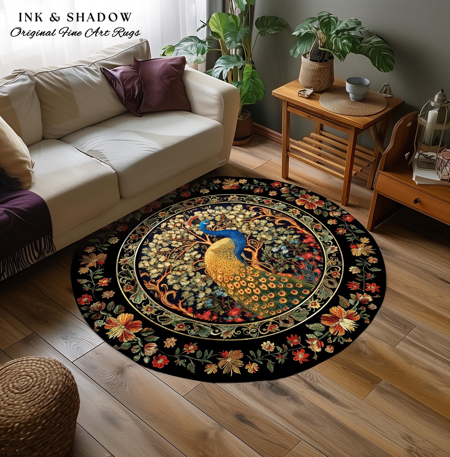 Baroque Floral Forestcore Ornate Round Peacock Rug | Medieval Gothic Woodland Morris Inspired Whimsical Witchy Cottagecore Ethereal Bird Art