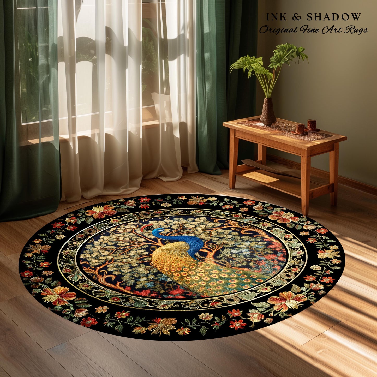 Baroque Floral Forestcore Ornate Round Peacock Rug | Medieval Gothic Woodland Morris Inspired Whimsical Witchy Cottagecore Ethereal Bird Art