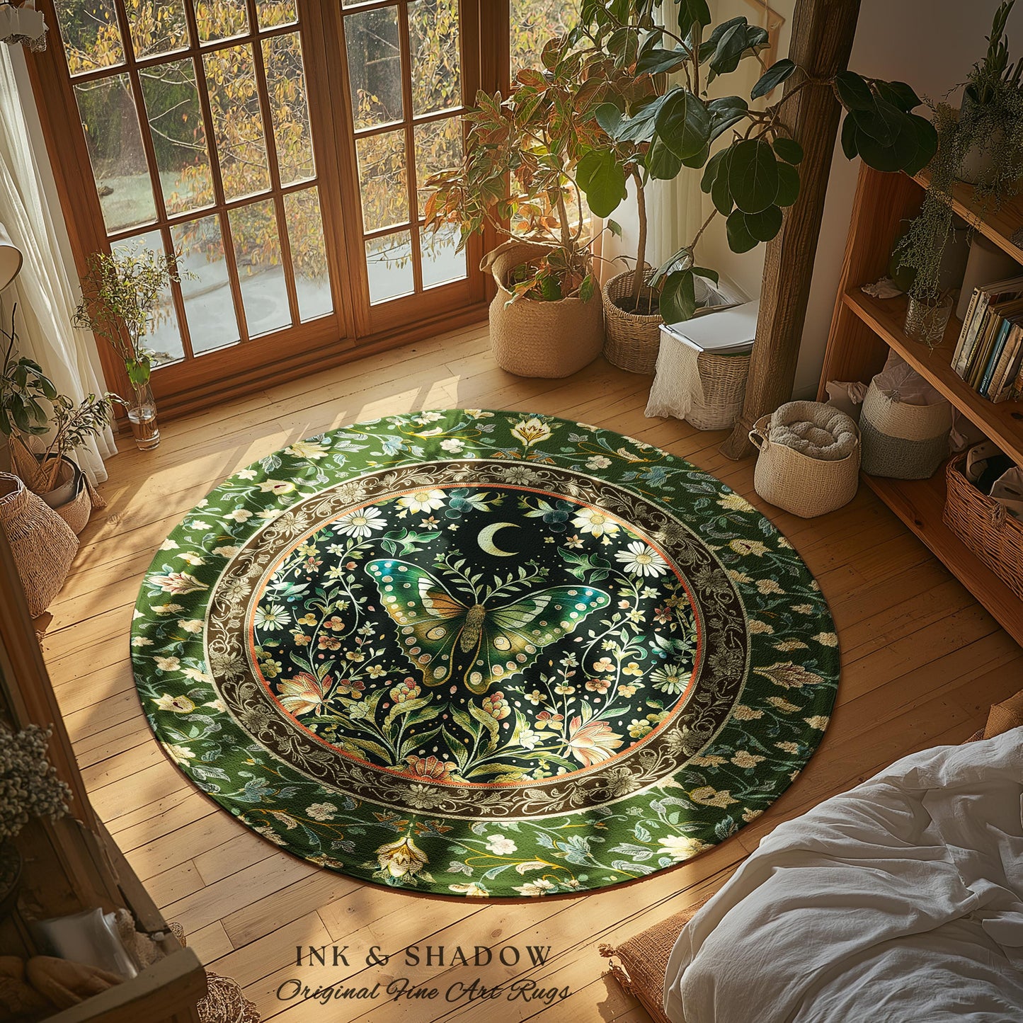 Woodland Gothic Botanical Moth Round Rug Witchy Dark Academia Accent Decor | Whimsical Green Cottagecore Butterfly Wildflower Fairycore Art