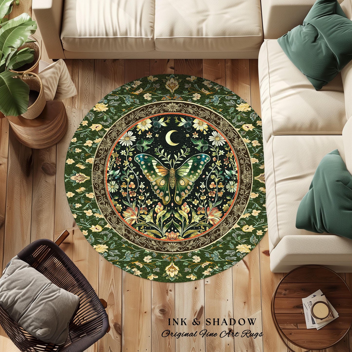 Woodland Gothic Botanical Moth Round Rug Witchy Dark Academia Accent Decor | Whimsical Green Cottagecore Butterfly Wildflower Fairycore Art