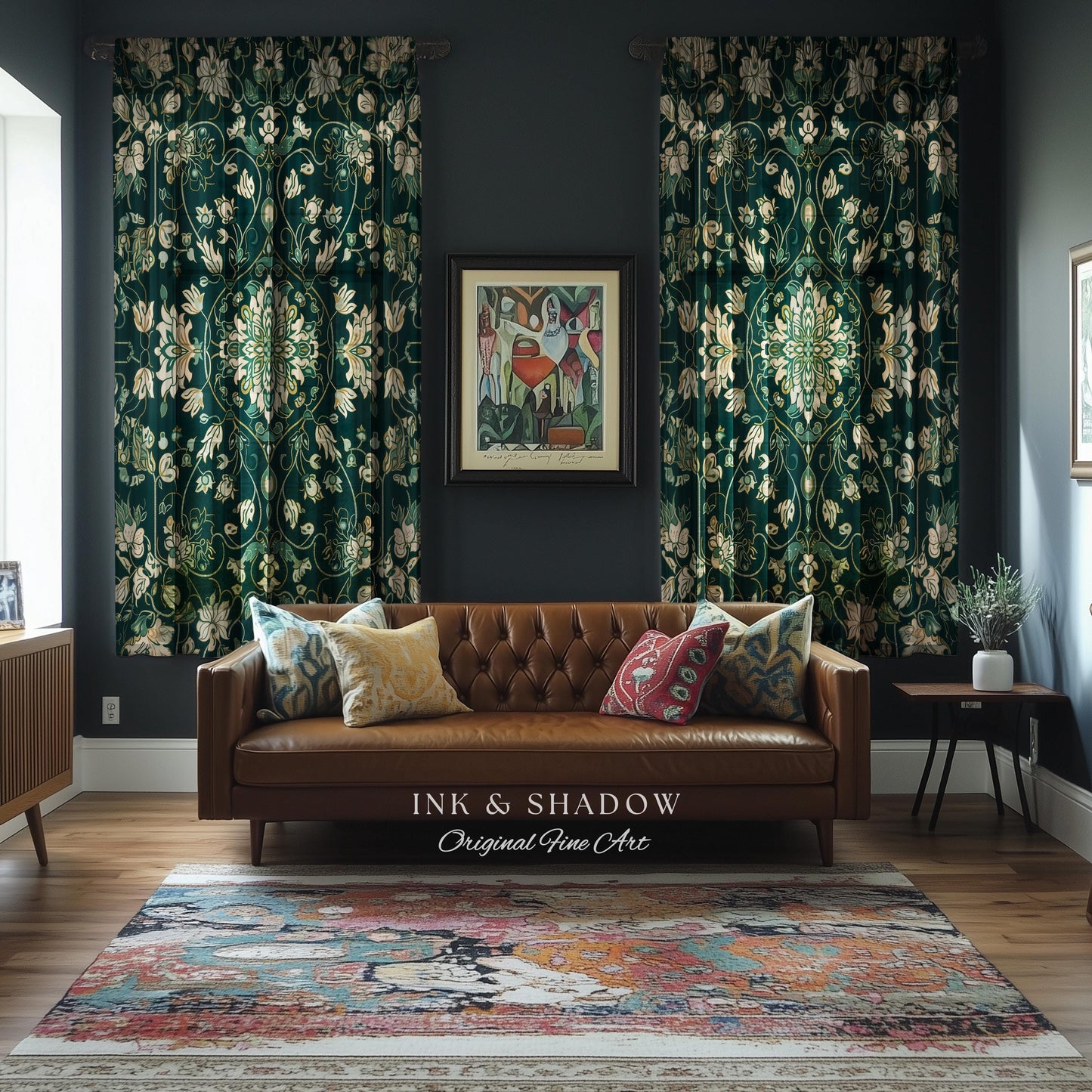 Deep Green Rococo Style Curtains | Soft Gothic Home Decor Art Deco Aesthetic Panel Renaissance Royalcore Elegance Bedroom Drapes Bohemian |