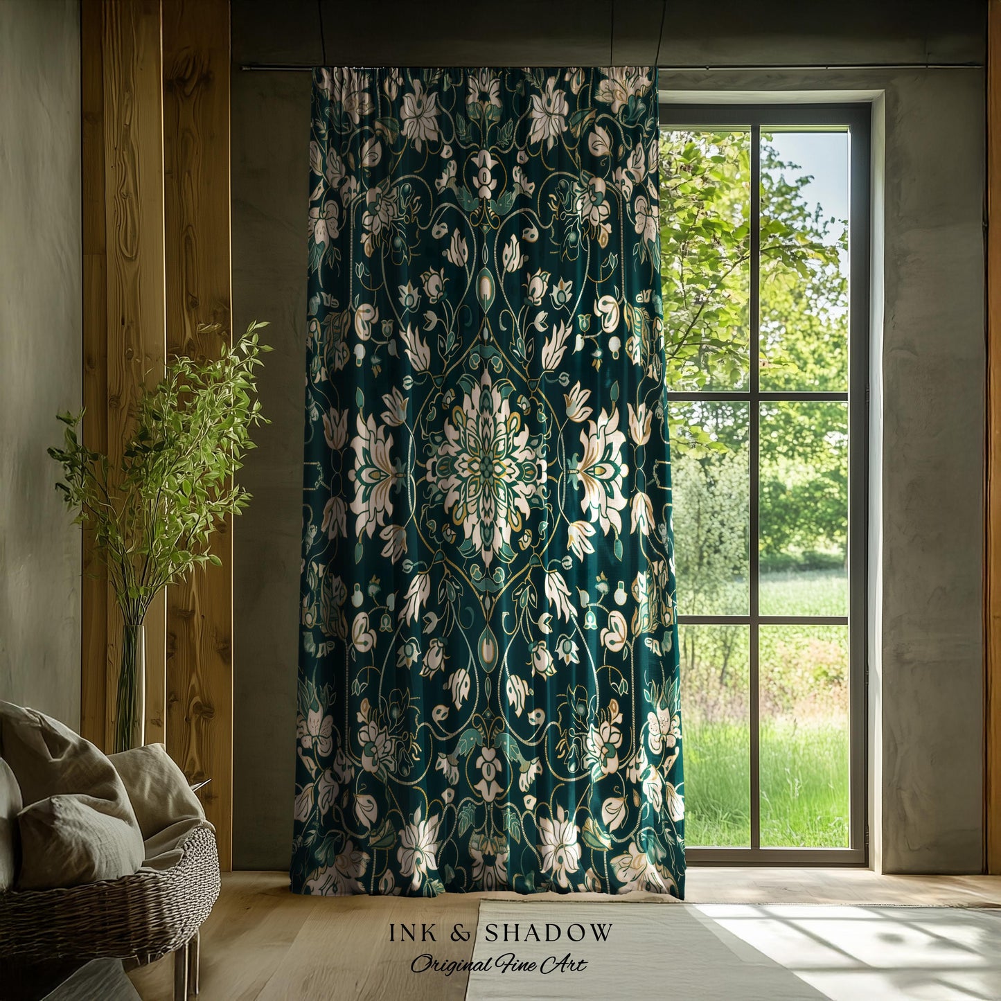 Deep Green Rococo Style Curtains | Soft Gothic Home Decor Art Deco Aesthetic Panel Renaissance Royalcore Elegance Bedroom Drapes Bohemian |