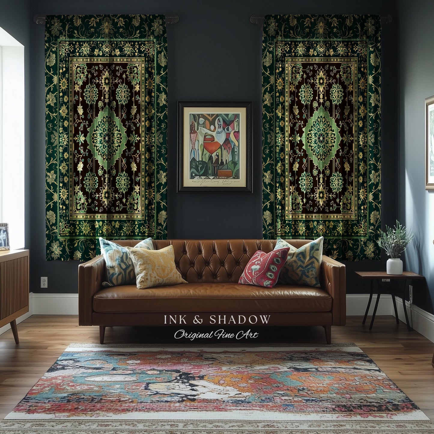 Dark Academia Emerald Curtains | Cozy Reading Nook Window Drapes Ornate with Blue Green Detail Cottagecore Victorian Gothic Aesthetic Decor