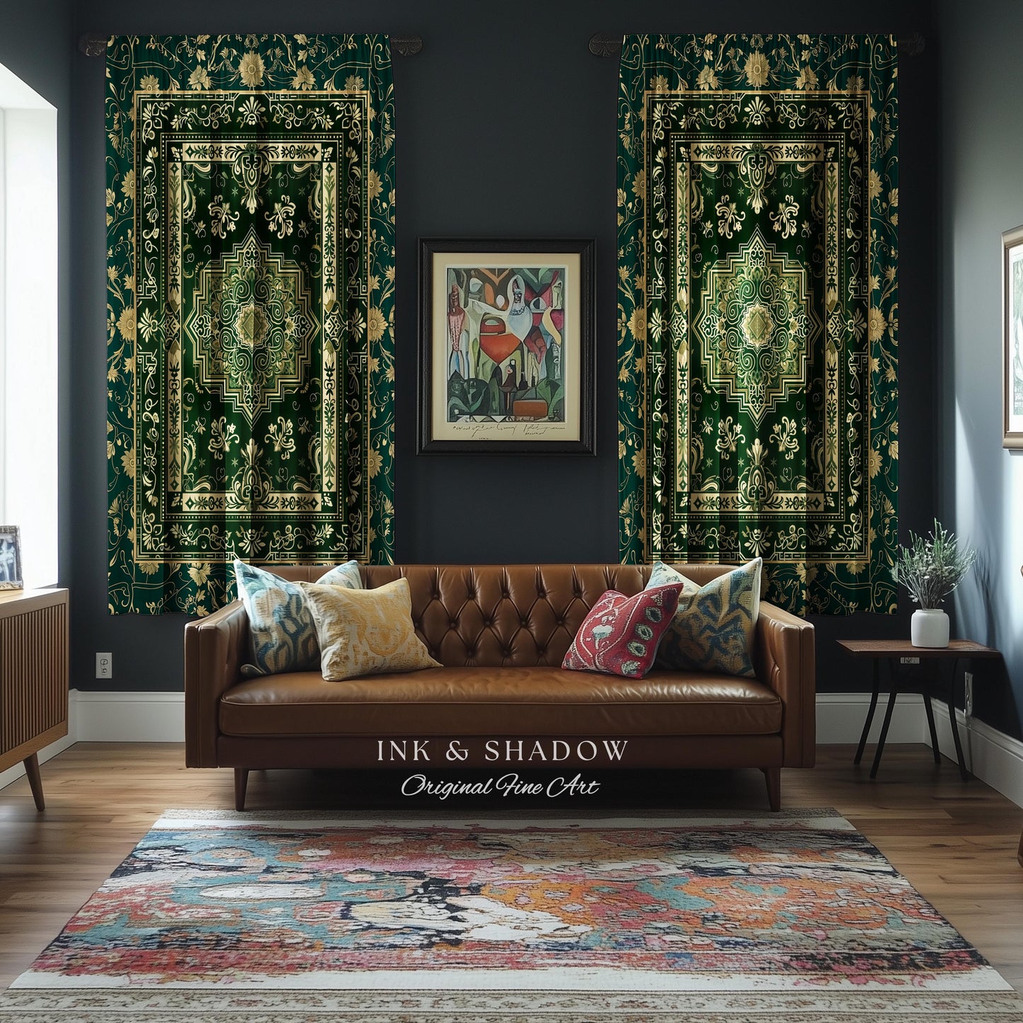 Gothic Maximalist Accent Curtain | Forest Green Window Drapes Ornate With Blue Green Detail Cottagecore Victorian Gothic Aesthetic Dark Teal