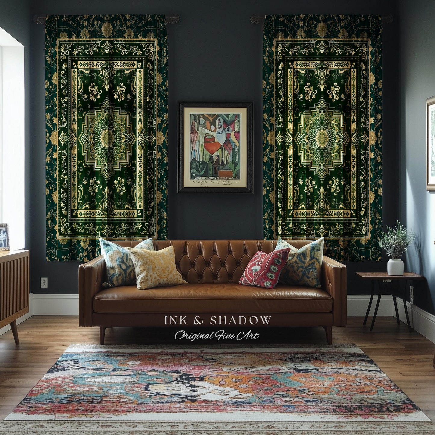 Gothic Maximalist Accent Curtain | Forest Green Window Drapes Ornate With Blue Green Detail Cottagecore Victorian Gothic Aesthetic Dark Teal