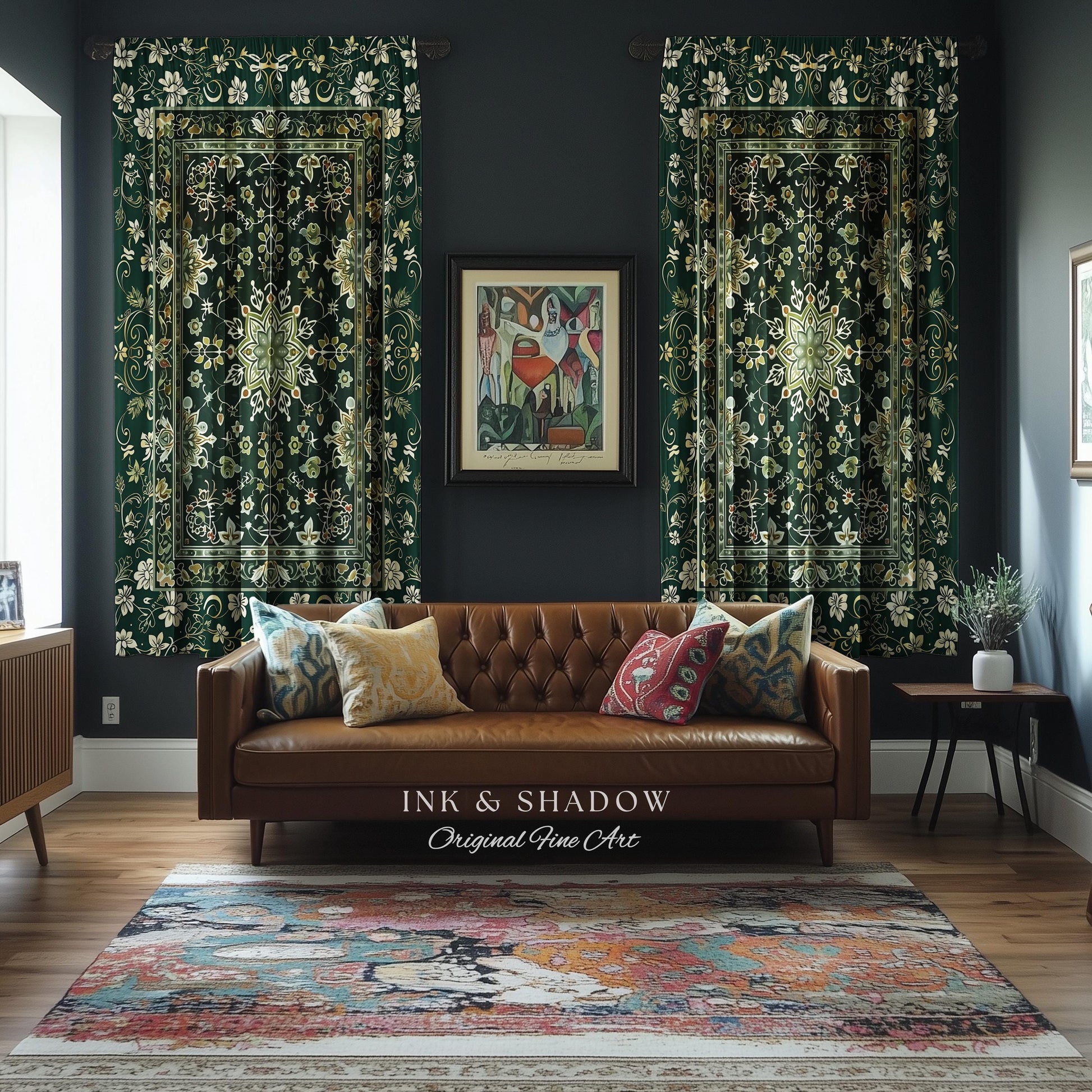 Moody Emerald Green Curtains | Persian Green Window Drapes Ornate with Blue Green Detail Dark Academia Victorian Gothic Aesthetic Dark Teal