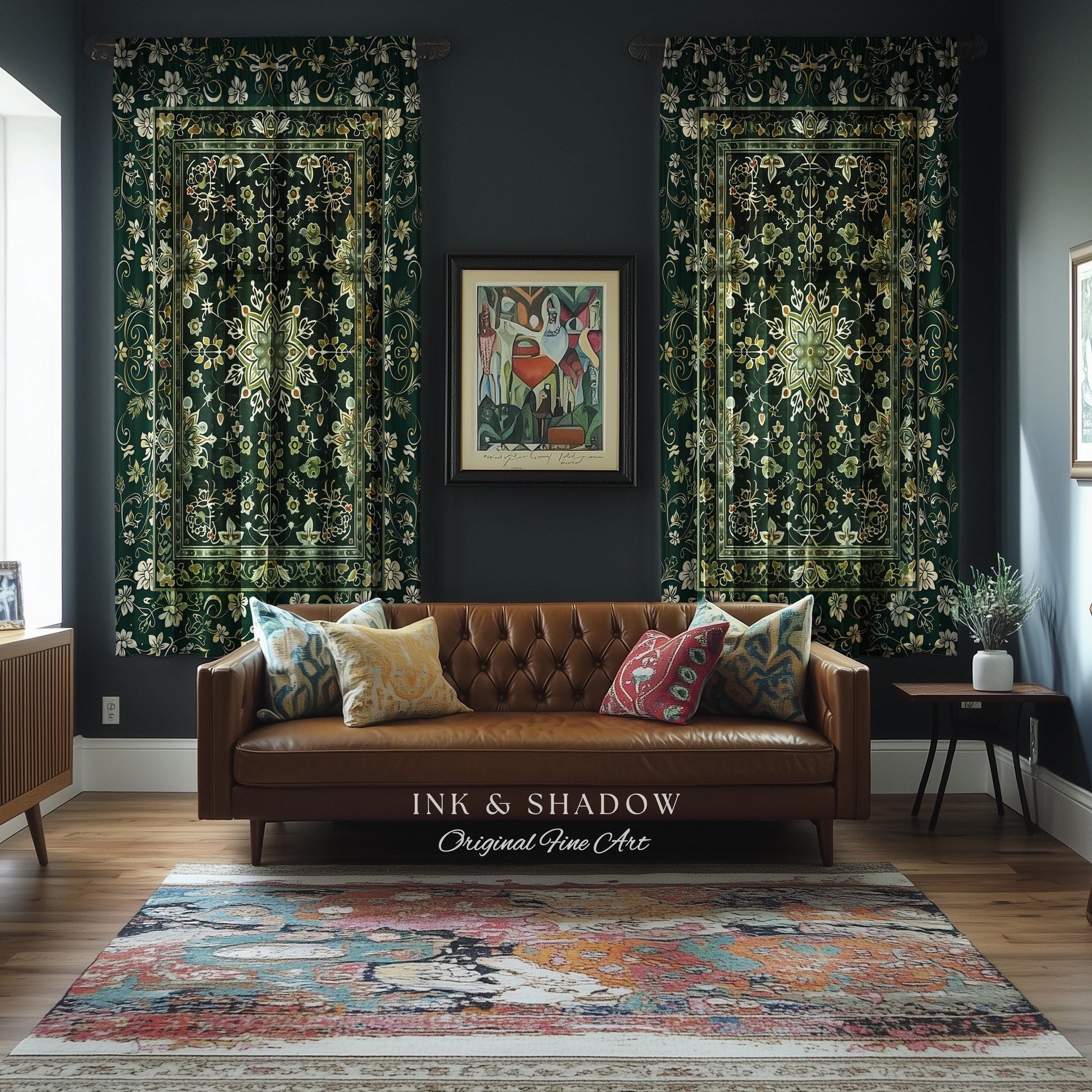 Moody Emerald Green Curtains | Persian Green Window Drapes Ornate with Blue Green Detail Dark Academia Victorian Gothic Aesthetic Dark Teal