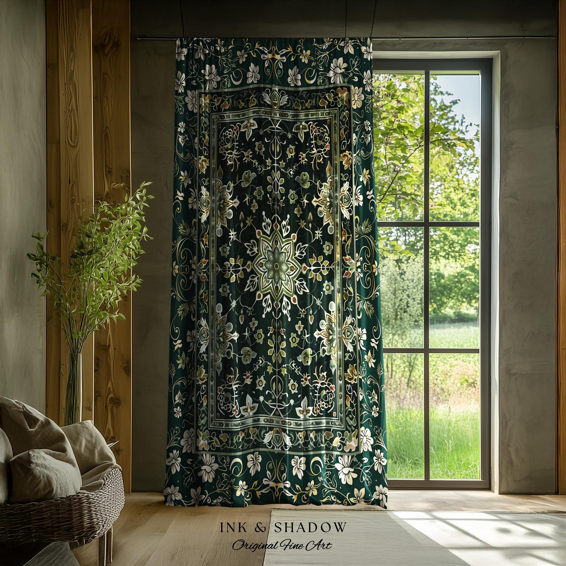 Moody Emerald Green Curtains | Persian Green Window Drapes Ornate with Blue Green Detail Dark Academia Victorian Gothic Aesthetic Dark Teal