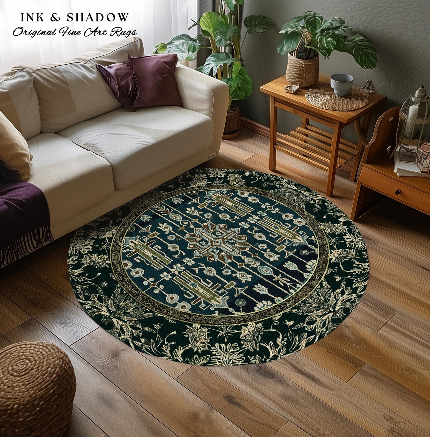 Sage Green Boho Round Area Rug | Aestheetic Living Room Pastel Blue Home Decor Rustic Housewarming Gift Cottagecore Forest Green Bedroom Mat