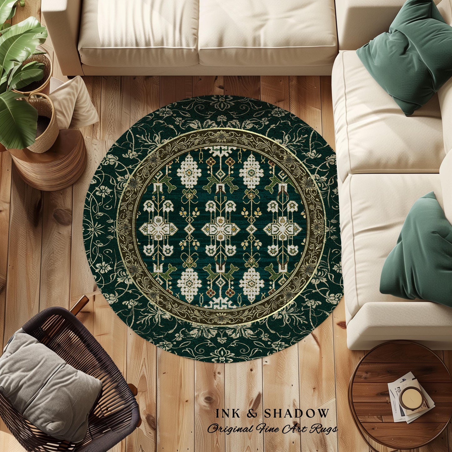 Forest Green Round Area Rug Boho Decor Rustic Aesthetic Living Room Sage Green Home Decor | Housewarming Gift Cottagecore Green Bedroom Mat