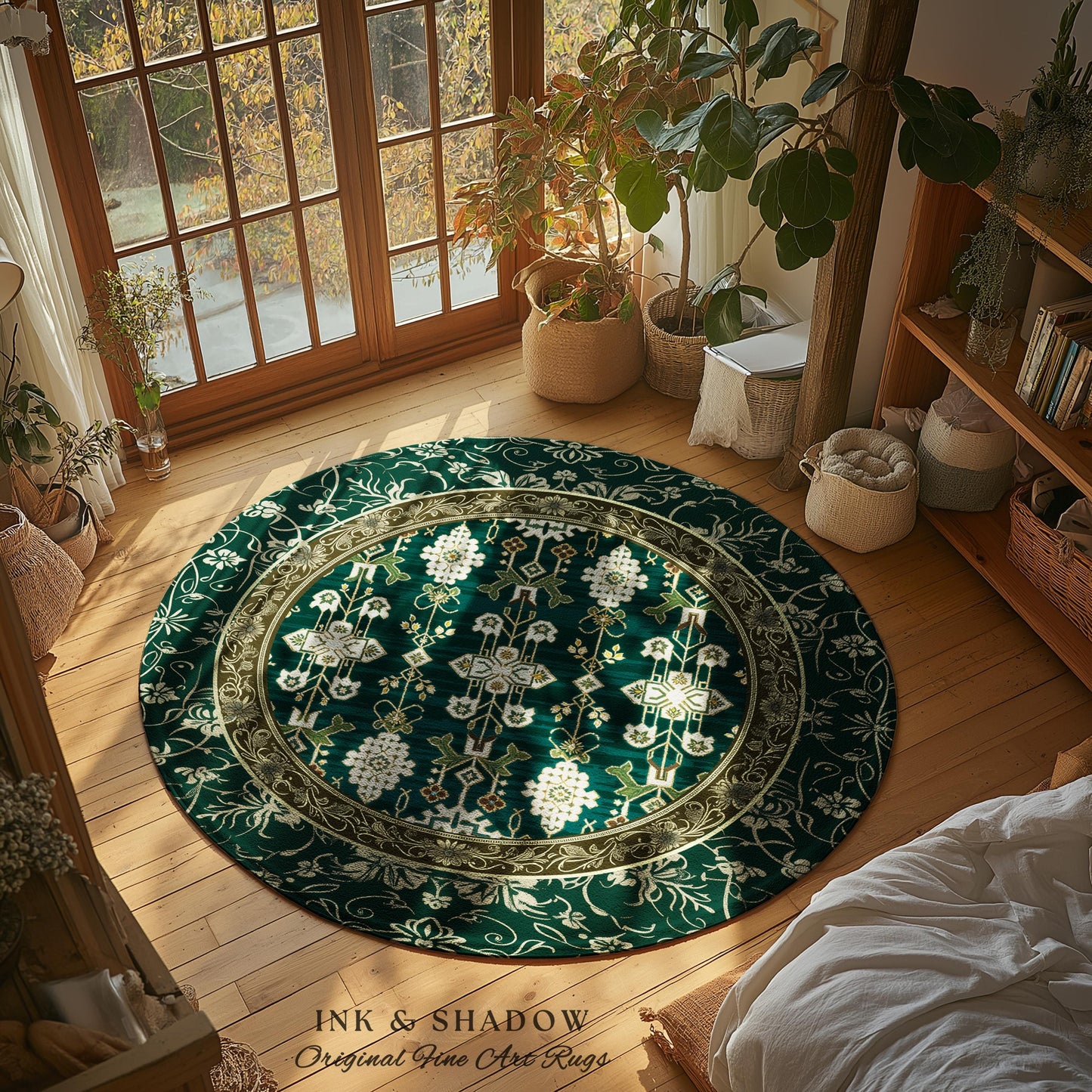 Forest Green Round Area Rug Boho Decor Rustic Aesthetic Living Room Sage Green Home Decor | Housewarming Gift Cottagecore Green Bedroom Mat
