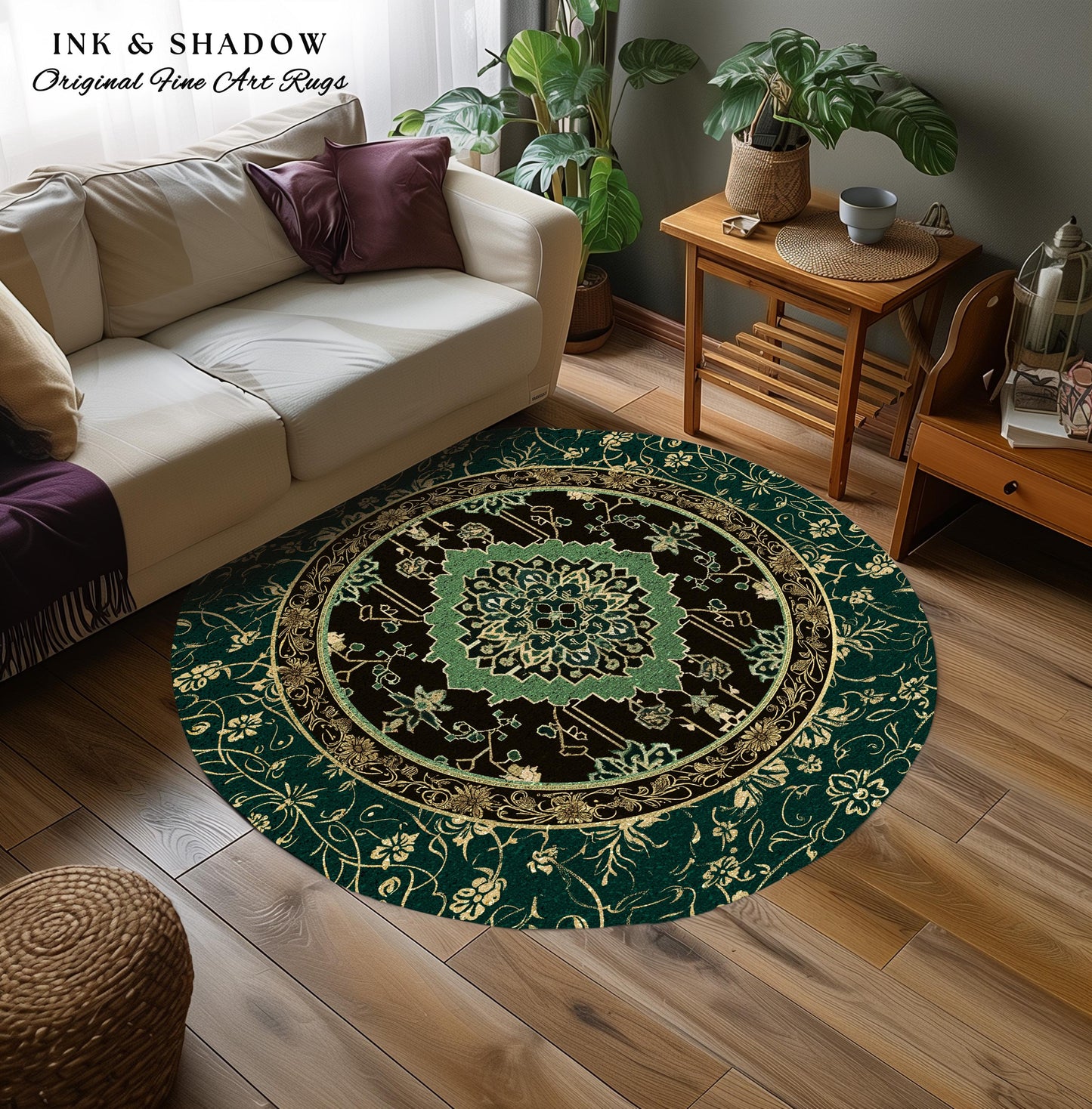 Dark Academia Emerald Statement Rug | Reading Nook Cozy Floor Rug Ornate Rug with Blue Green Detail Cottagecore Victorian Gothic Aesthetic