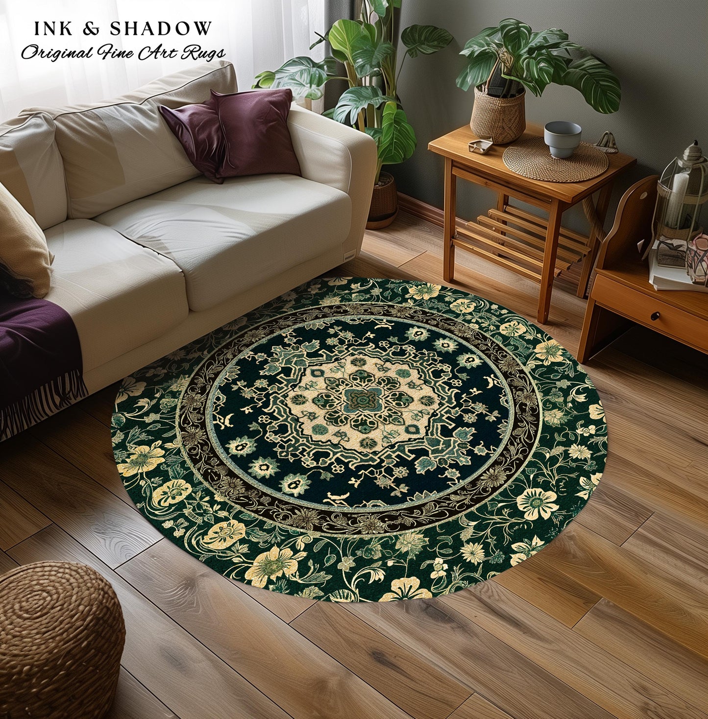 Victorian Gothic Bedroom Round Rug | Reading Nook Cozy Floor Rug Ornate Statement with Blue Green Detail Cottagecore Dark Academia Aesthetic