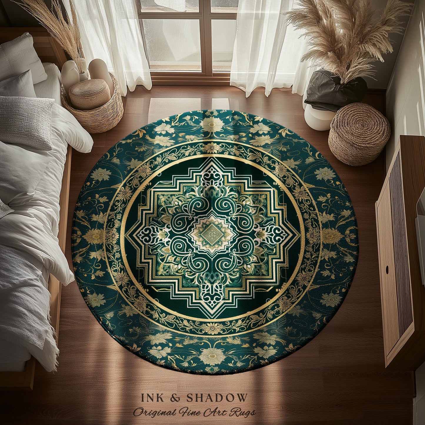 Gothic Maximalist Round Accent Rug | Forest Green Floor Rug Ornate Rug With Blue Green Detail Cottagecore Victorian Gothic Aesthetic Teal |