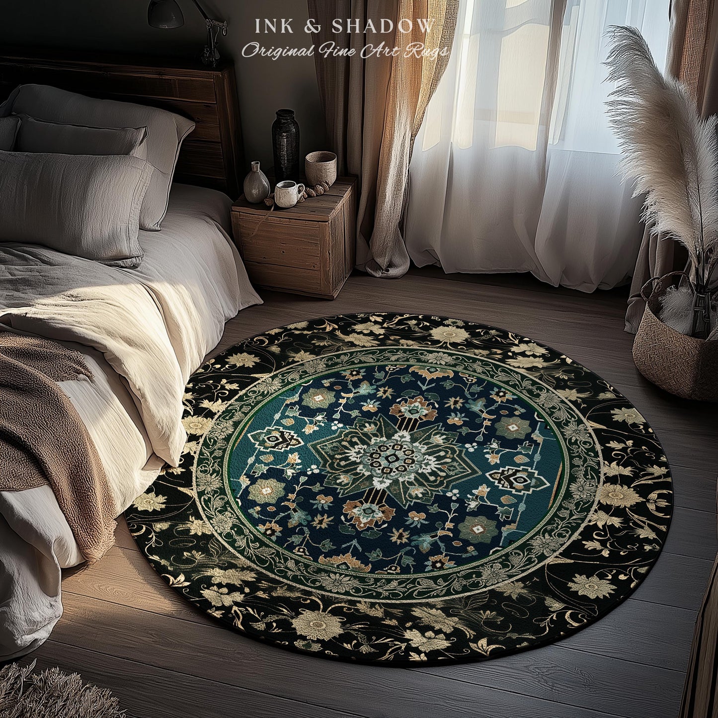 Victorian Baroque Area Rug | Midnight Emerald Ornate Design Gothic Art Deco Boho Accent Dark Academia Maximalist Home Statement Piece Witchy